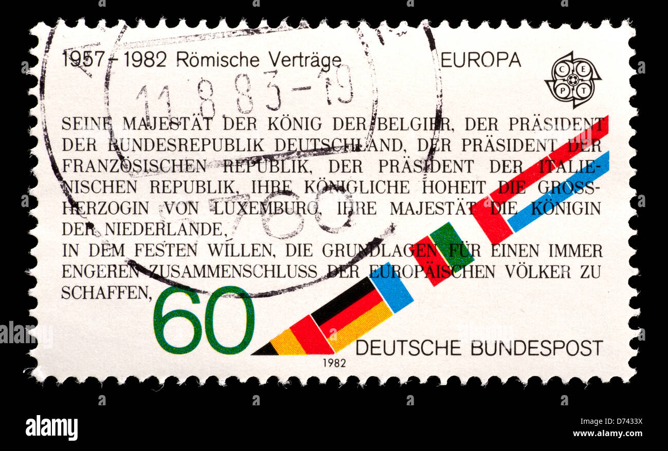 Briefmarke aus Deutschland mit dem Vertrag von Rom. Stockfoto