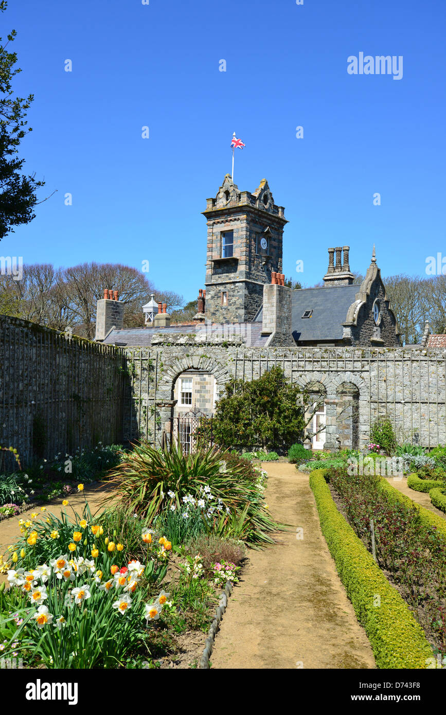 17. Jahrhundert Herrenhaus aus The Walled Garden, La Seigneurie Gärten, größere Sark, Sark, Vogtei Guernsey Kanalinseln Stockfoto