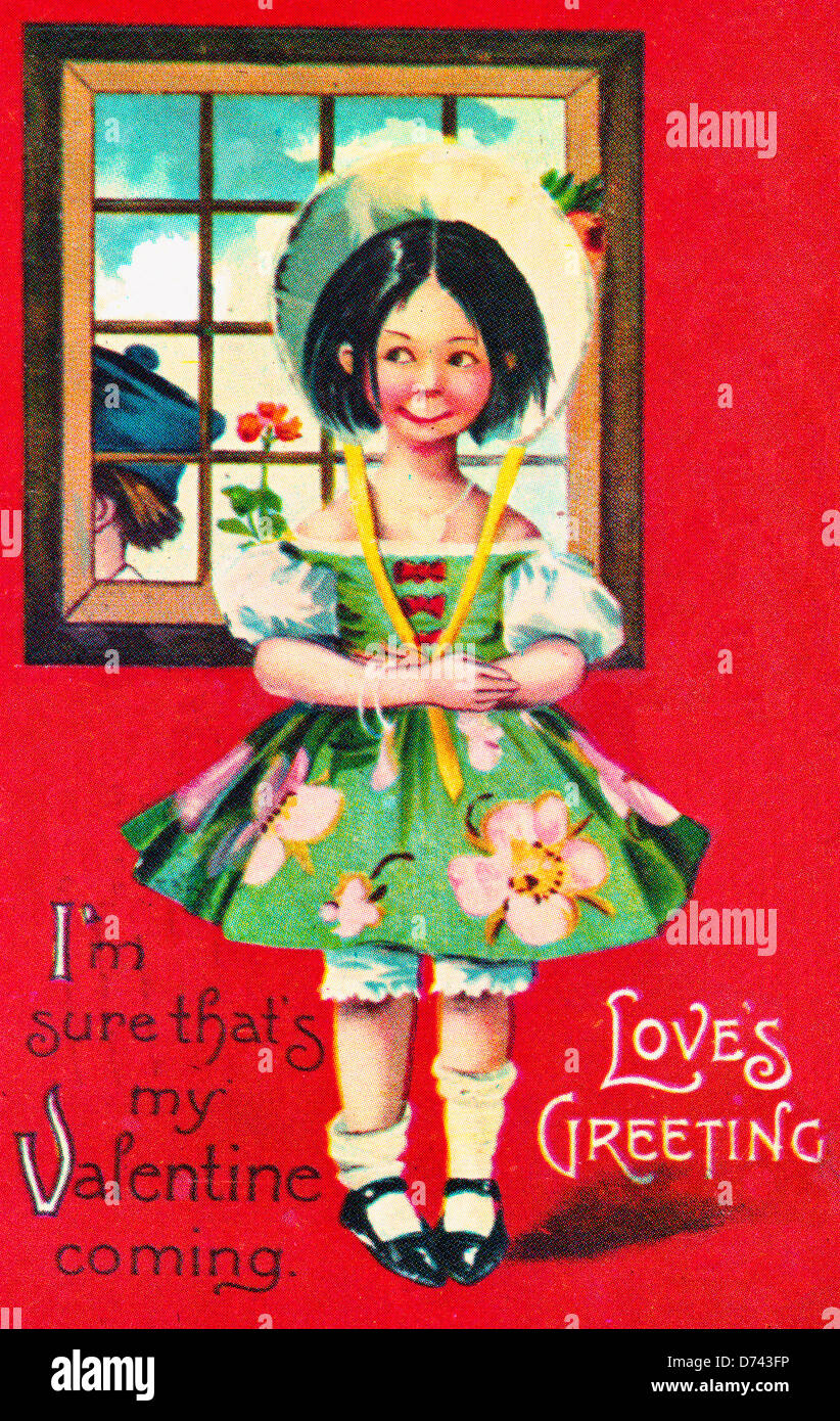Ich bin sicher, dass mein Valentine kommen - der Liebe Gruß - Vintage Valentinstagskarte Stockfoto