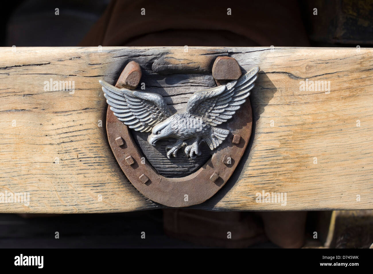 Pferd, Schuh- und Chrom American Eagle von einem Holzzaun Stockfoto