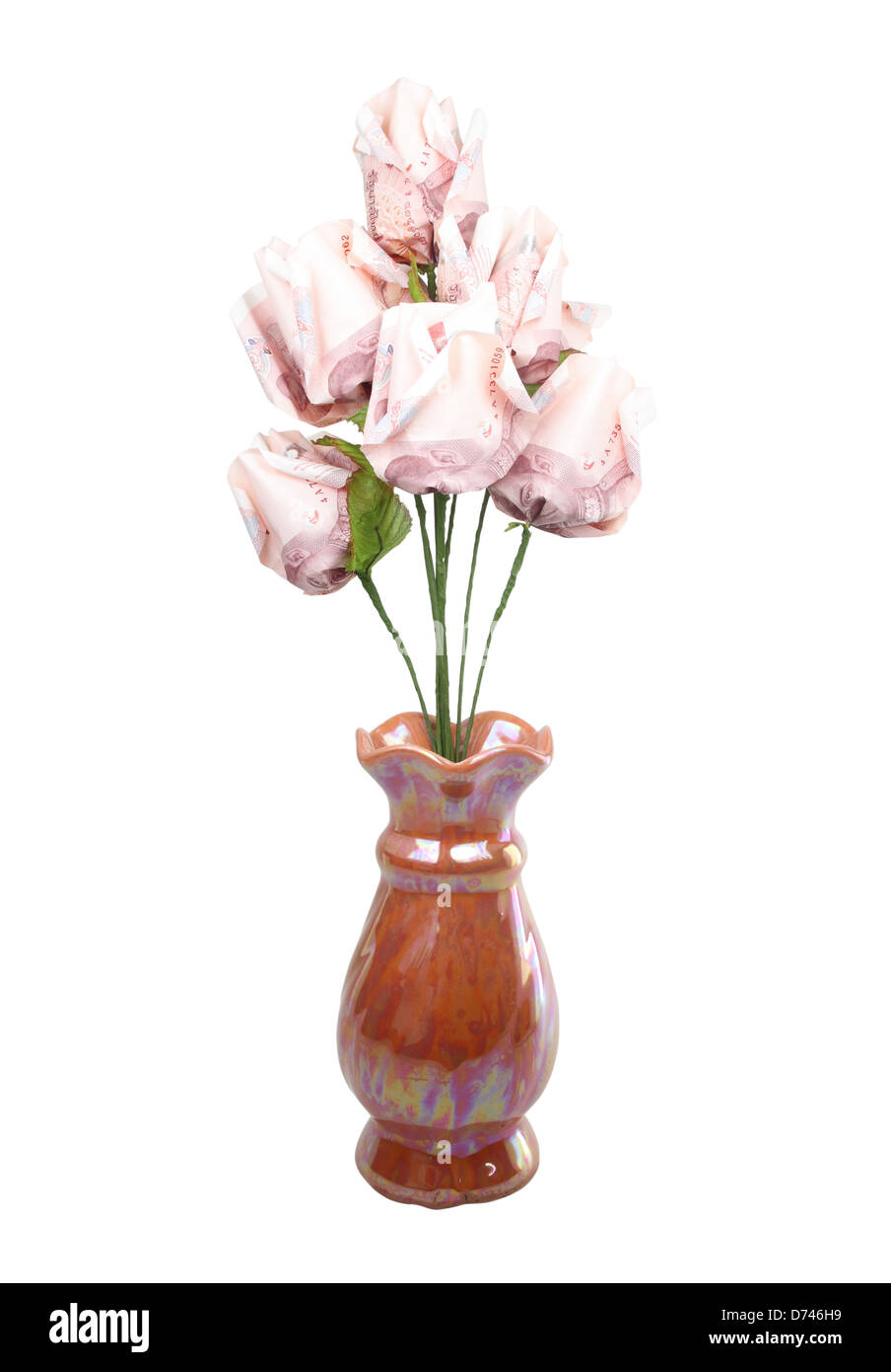 Geld-Blume in Vase auf weißem Hintergrund Stockfoto