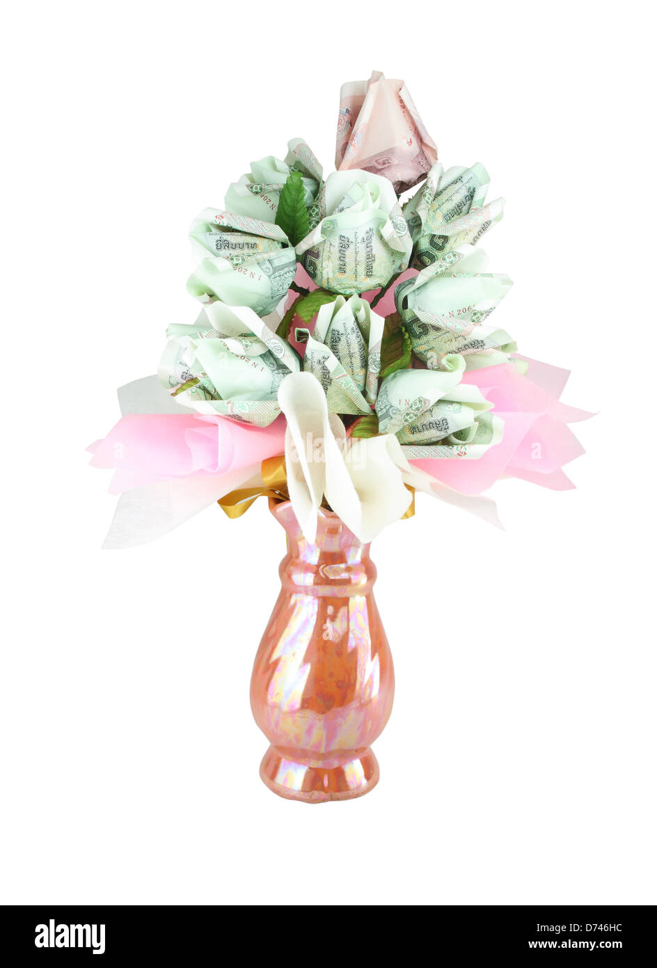 Geld-Blume in Vase auf weißem Hintergrund Stockfoto