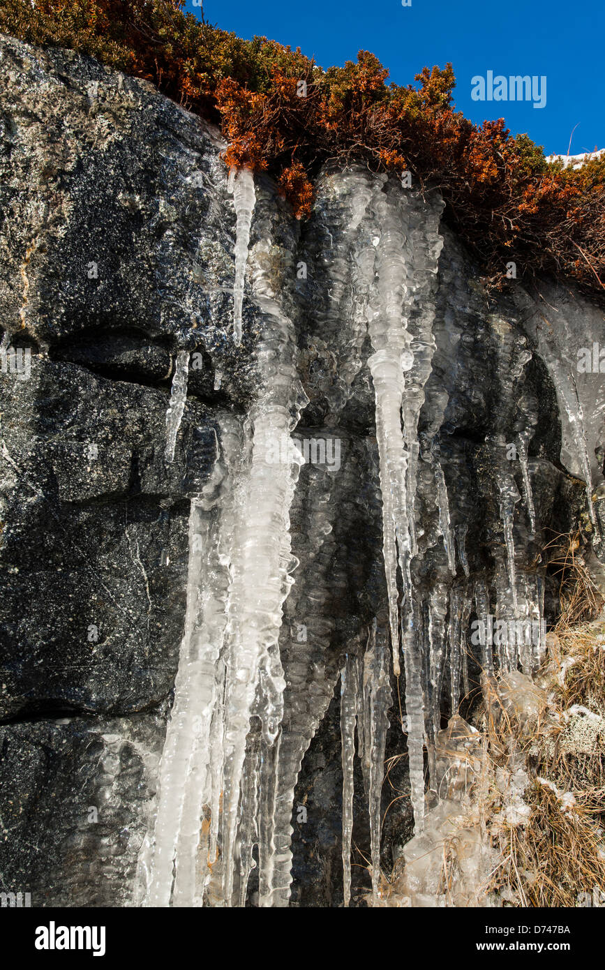 Eiszapfen hängen von einem Felsen in Sommarøy, Norwegen Stockfoto
