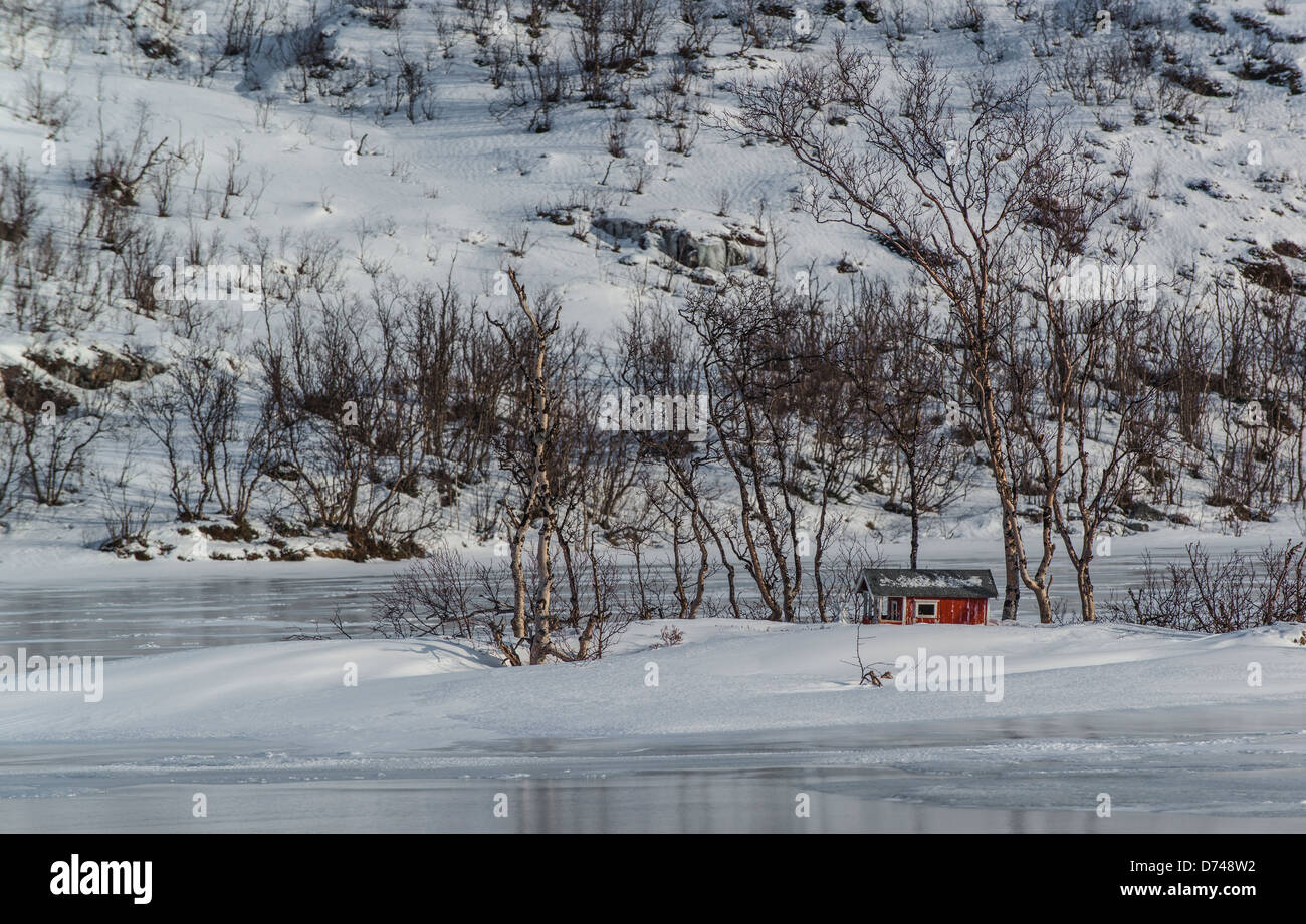 Miniatur-Kabine auf einer kleinen Insel in einem See in der Nähe von Sommarøy, Norwegen Stockfoto