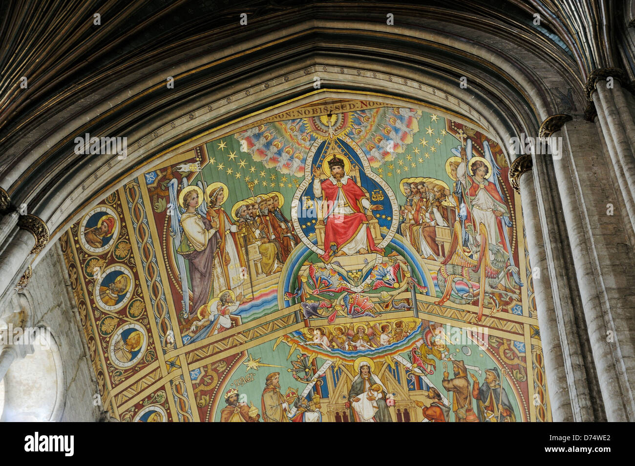 Kathedrale von Ely, Cambridgeshire, England. Kirchenschiff Decke gemalt, zeigt eine viktorianische Restaurierung Abstammung von Jesus von Adam und Eva Stockfoto