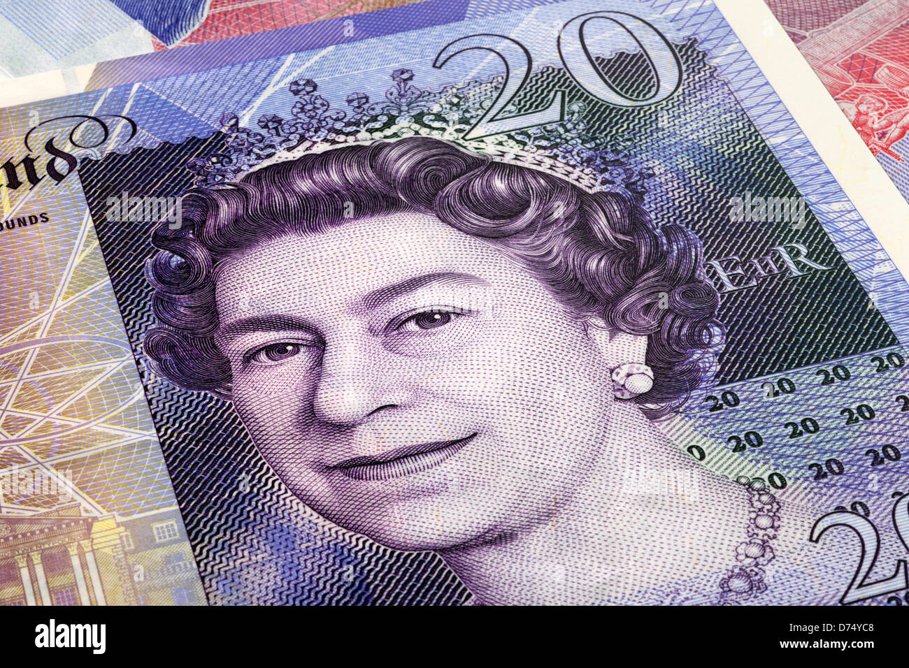 die Königin Gesicht Nahaufnahme £20-Pfund-note Stockfoto