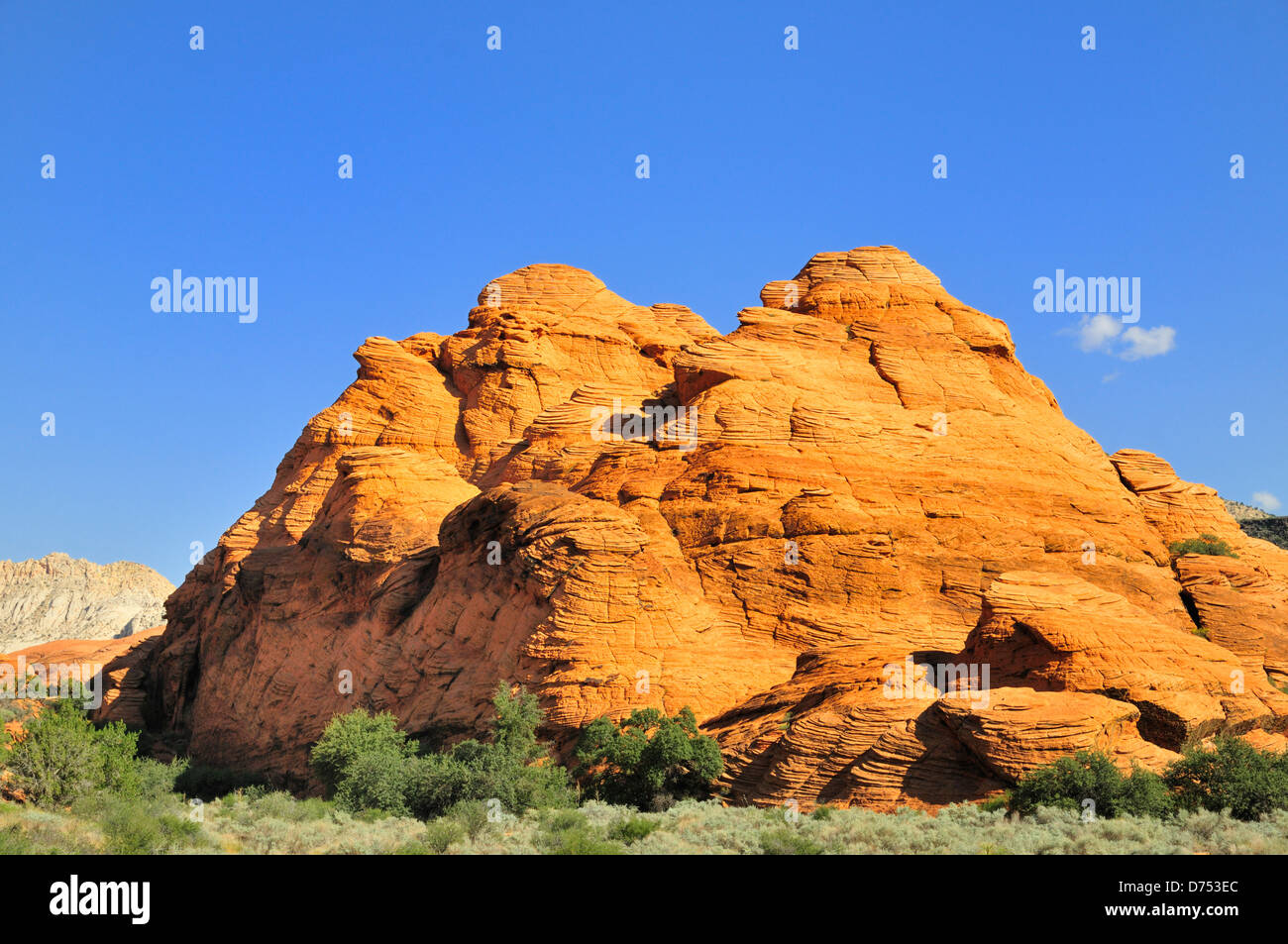 Roten Felsformation am Snow Canyon State Park zeigt erodierten, emporgehoben Sedimentgestein mit Brüchen und Verwerfungen. Stockfoto