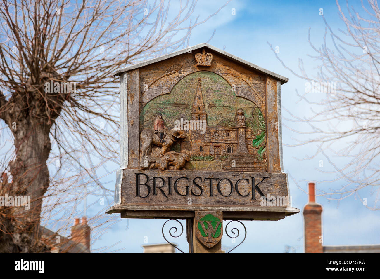 Dorf Zeichen Brigstock Stockfoto