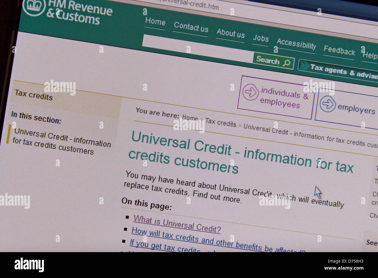 Screenshot von einer Webseite HMRC für die neue Universalbeihilfe (Roll-out begonnen 29. April 2013), eingeführt, um mehrere aktuelle Vorteile ersetzen. Stockfoto