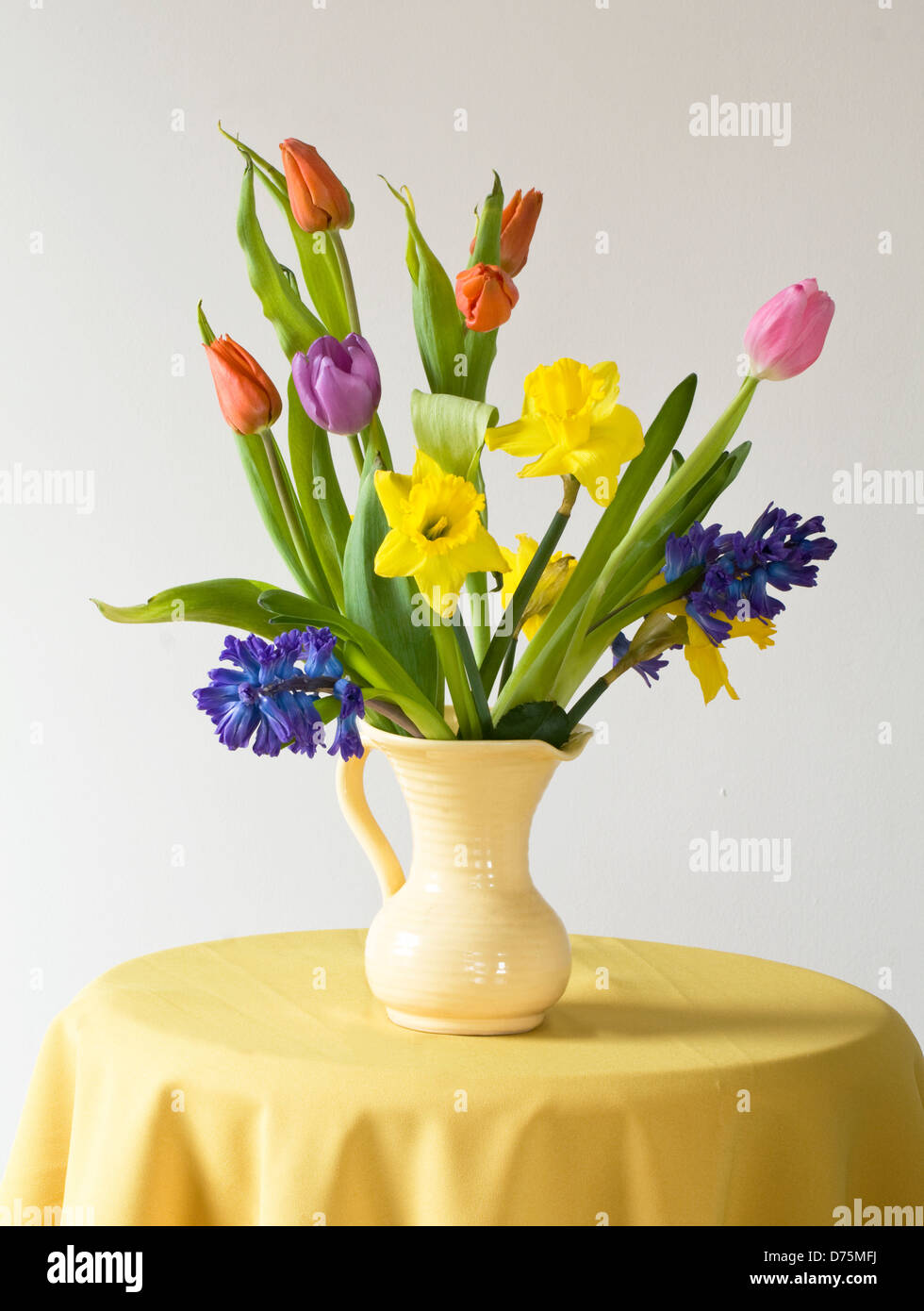 Narzissen, Hyazinthen, Tulpen Stilleben in Vase. Stockfoto