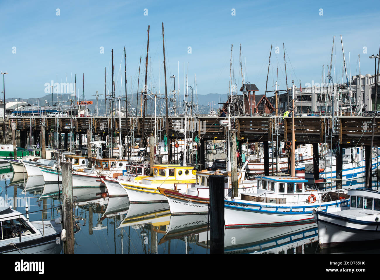 SAN FRANCISCO, Kalifornien, USA – farbenfrohe Holzfischboote ruhen an ihren Anlegestellen in Fisherman's Grotto, neben der berühmten Fisherman's Wharf in San Francisco. Diese malerische Szene fängt das nachhaltige maritime Erbe der Gegend ein und zeigt traditionelle Fischereifahrzeuge vor der Kulisse eines der beliebtesten Touristenziele der Stadt, wo sich die Fischerei und der Tourismus kreuzen. Stockfoto