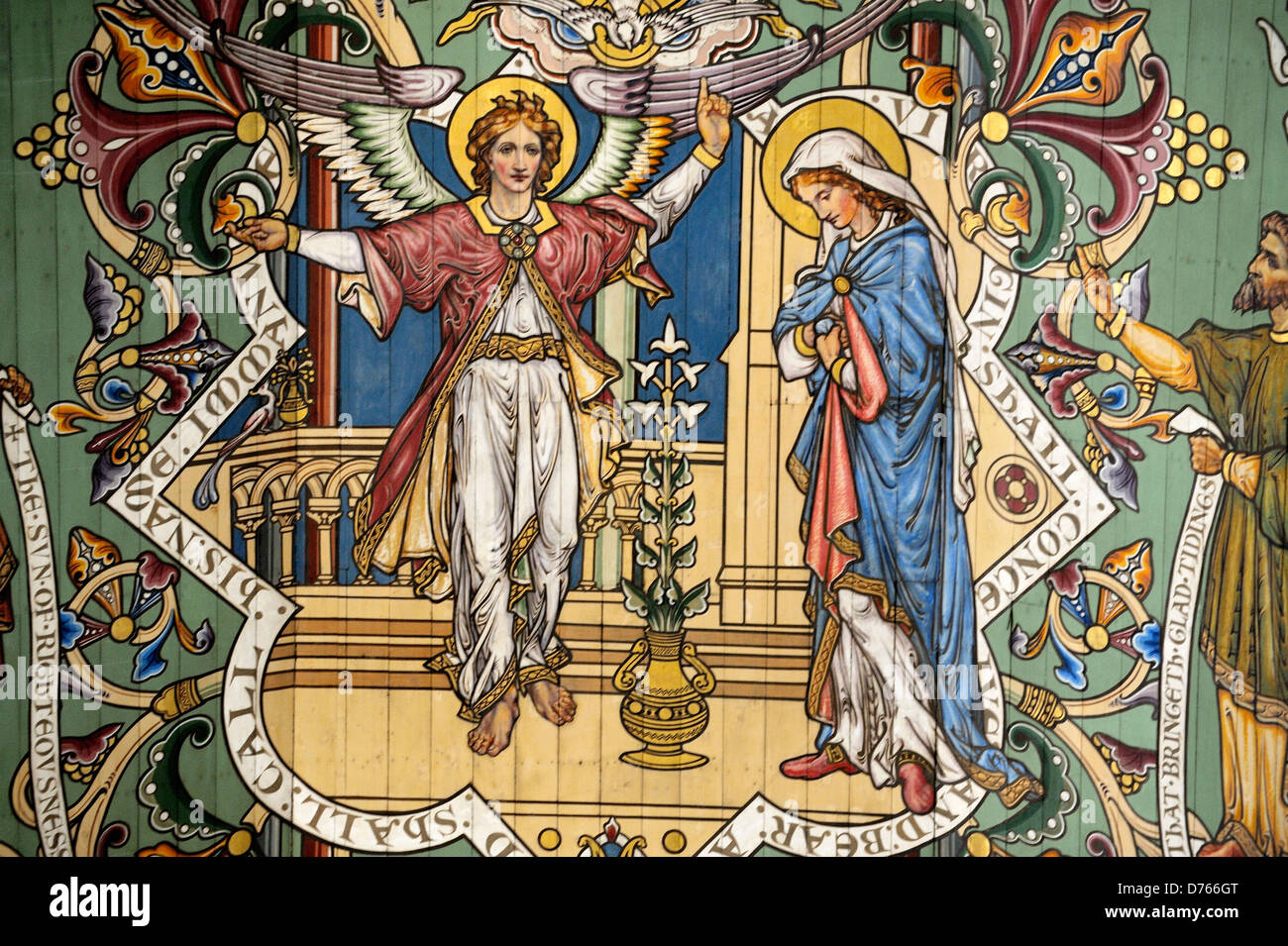 Kathedrale von Ely, Cambridgeshire, England. Deckengemälde im Langhaus. Bedienfeld "" mit der Verkündigung. Angel erscheint die Jungfrau Maria Stockfoto