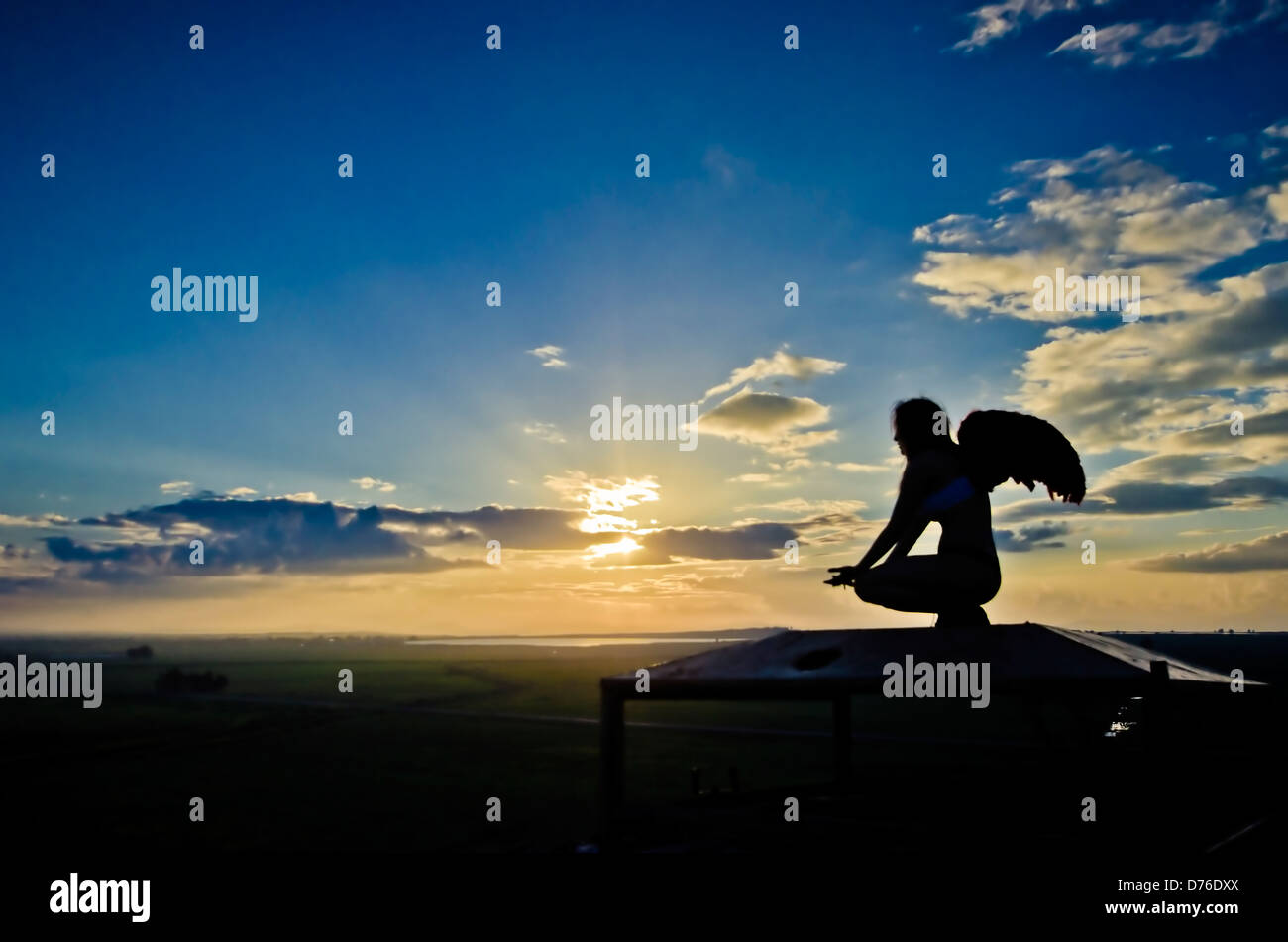 Menschliche weibliche Groteske mit Flügeln bei Sonnenuntergang. Model-Release verfügbar Stockfoto