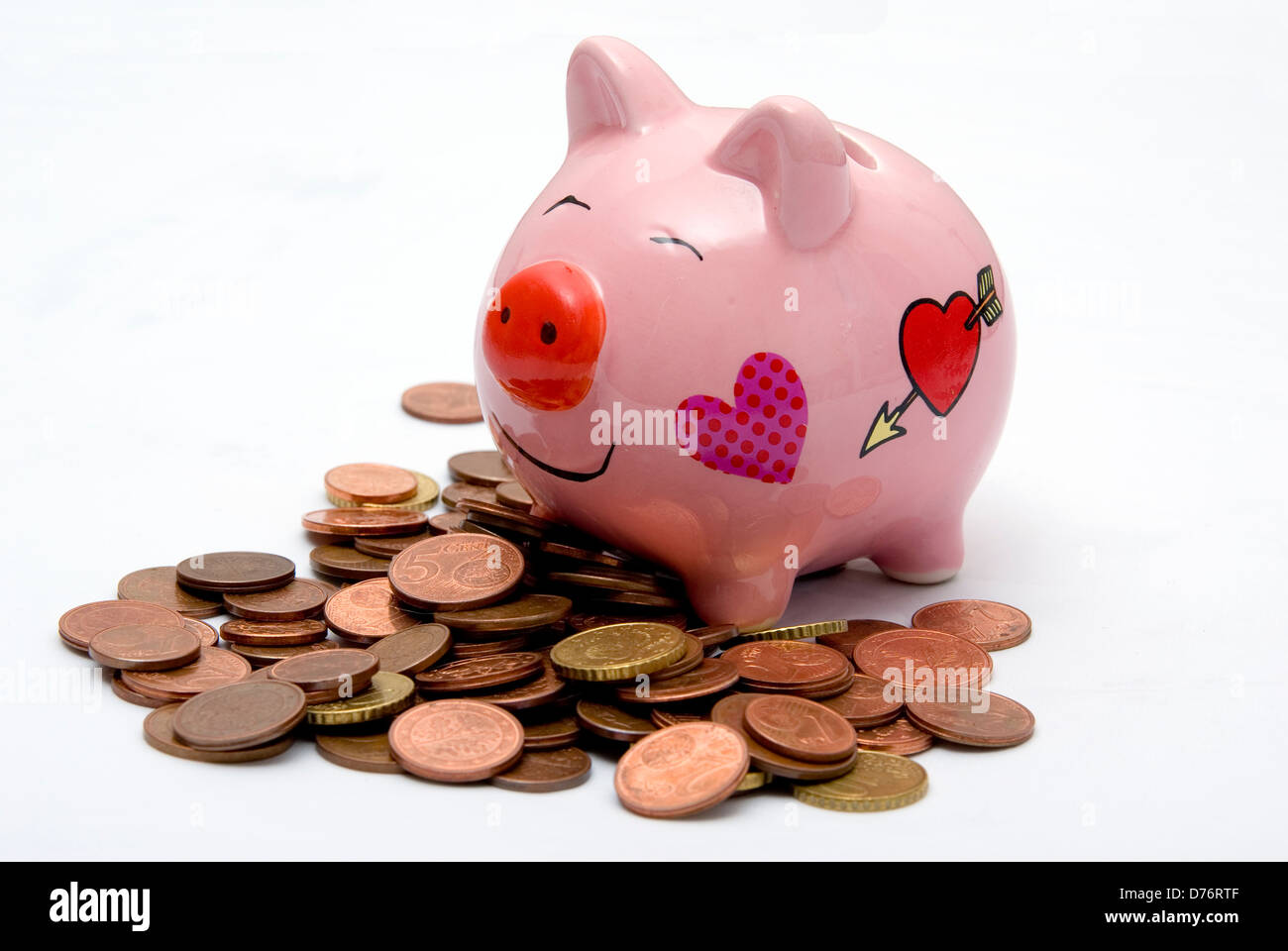 Rosa Schweinchen Spardose auf europäische Cent Münzen Stockfoto