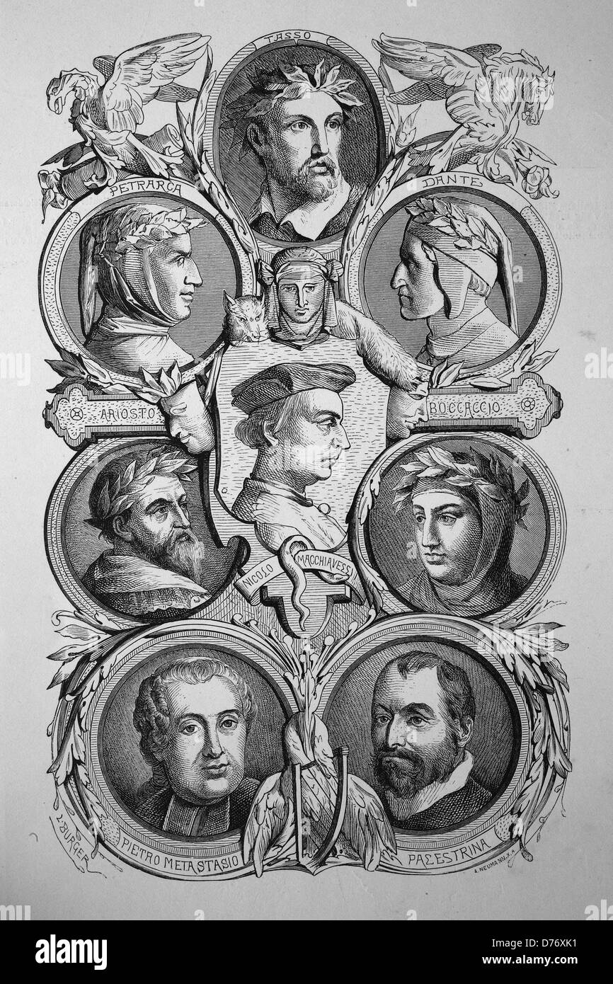 Italienische Dichter: Tasso, Petrarch, Ariosto, Pietro Metastasio, Dante, Boccaccio, Palestrina, Nicolo Macchiavessiv, historischer Holzschnitt Stockfoto