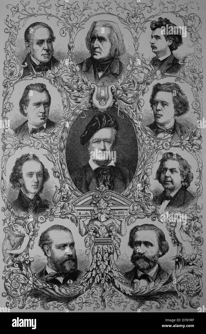 Berühmte Komponisten des 19. Jahrhunderts: Richard Wagner, Franz Liszt, Daniel-François-Esprit Auber, Edvard H. Grieg, Johannes Stockfoto