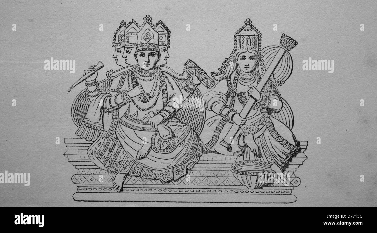 Brahma und Saraswati, Hindu-Götter, Indien, Holzschnitt aus dem Jahr 1880 Stockfoto