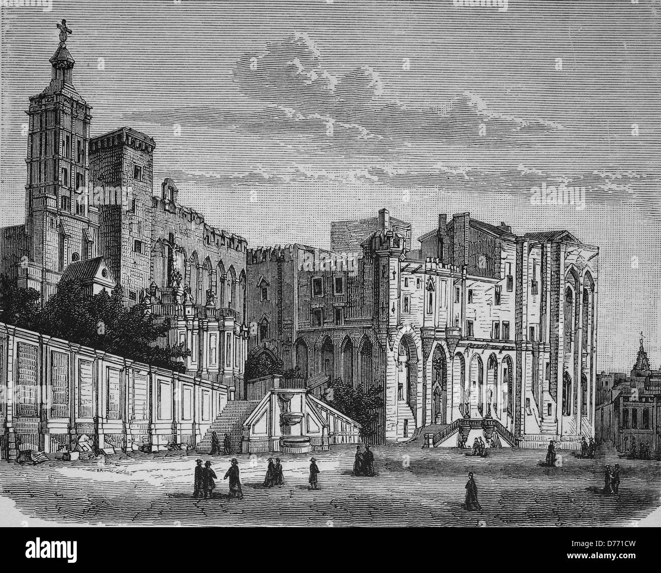 Papstpalast in Avignon, Frankreich, historischen Holzschnitt, 1870 Stockfoto