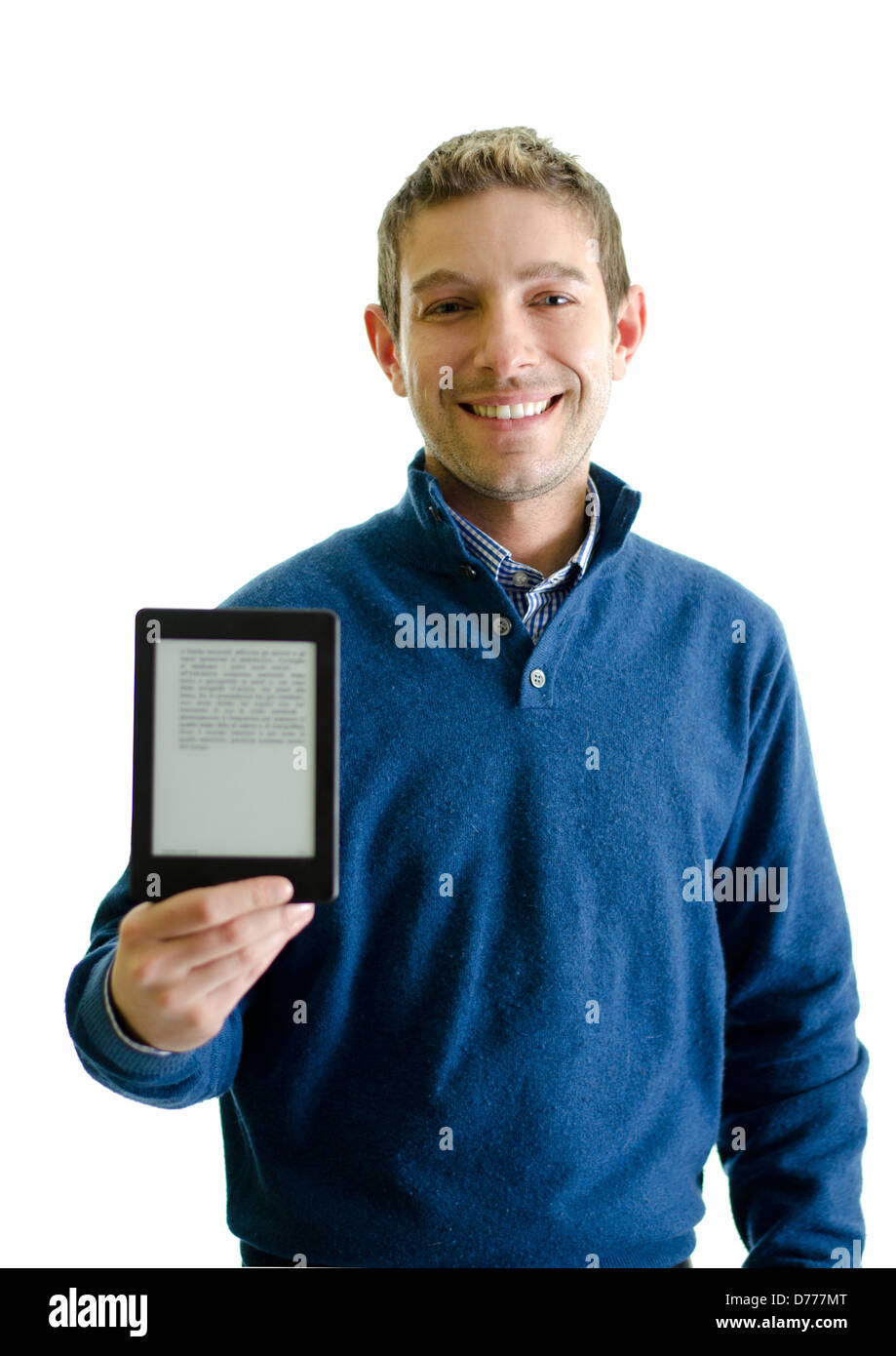 Junger Mann mit Ebook-Reader (e-Reader) in der Hand lächelnd. Isoliert auf weiss Stockfoto