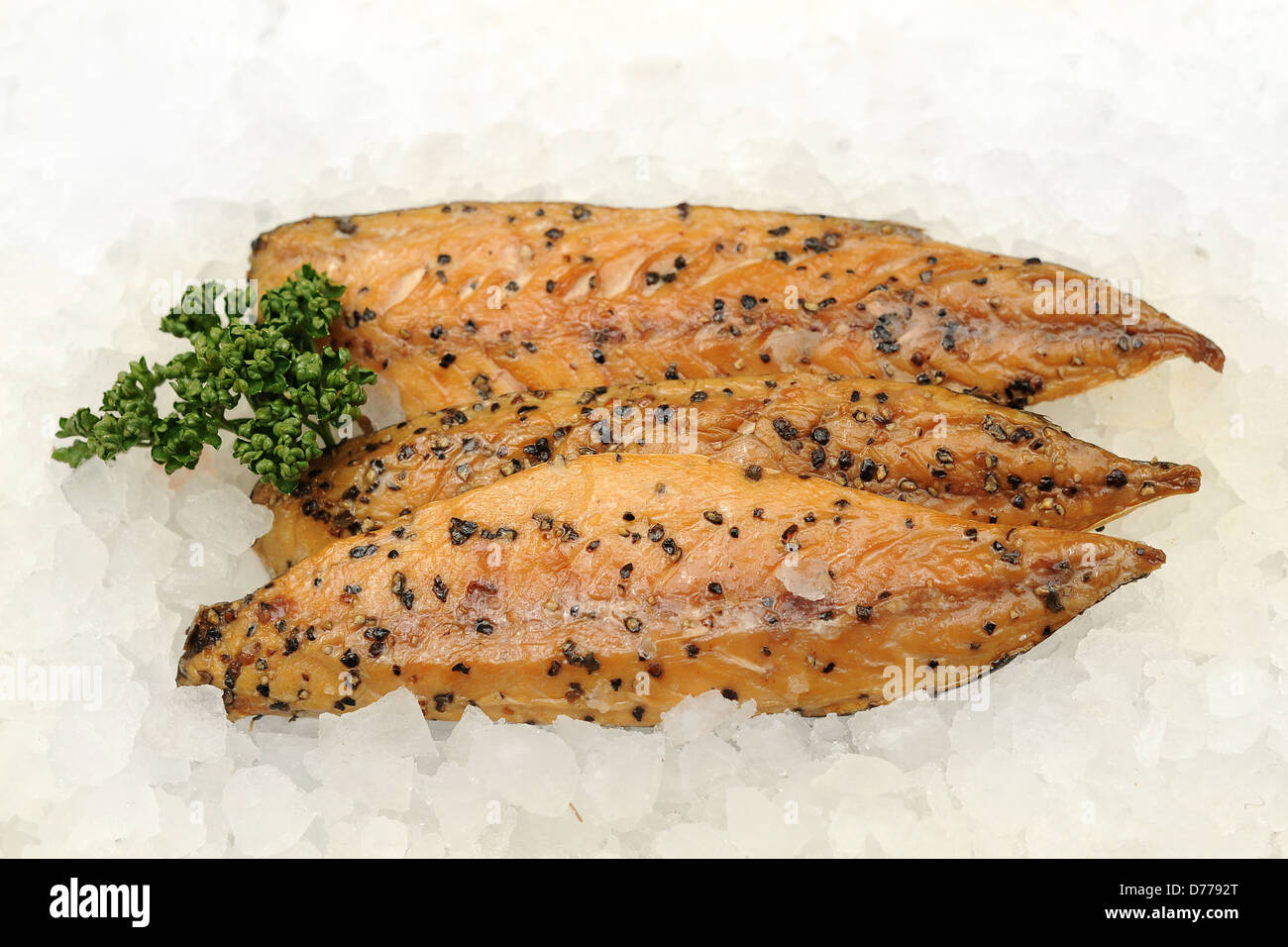 Gepfefferter Rauch Makrelen-Filet auf einem Bett aus Eis. Stockfoto