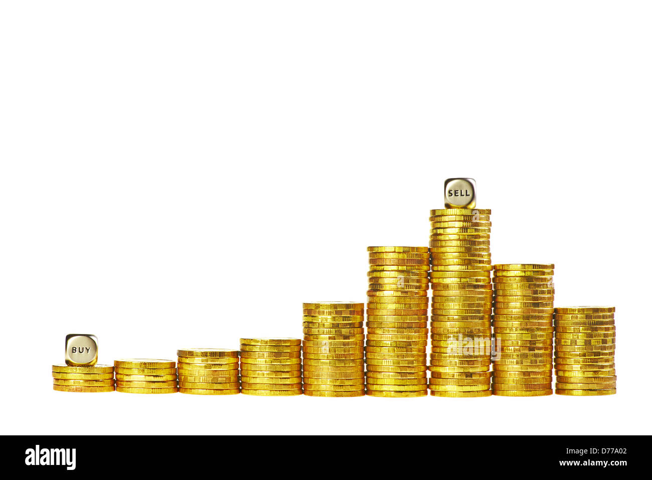 Spalten der goldenen Münzen steigt und sich mit dem Würfel Kauf- und isoliert auf weiss Stockfoto