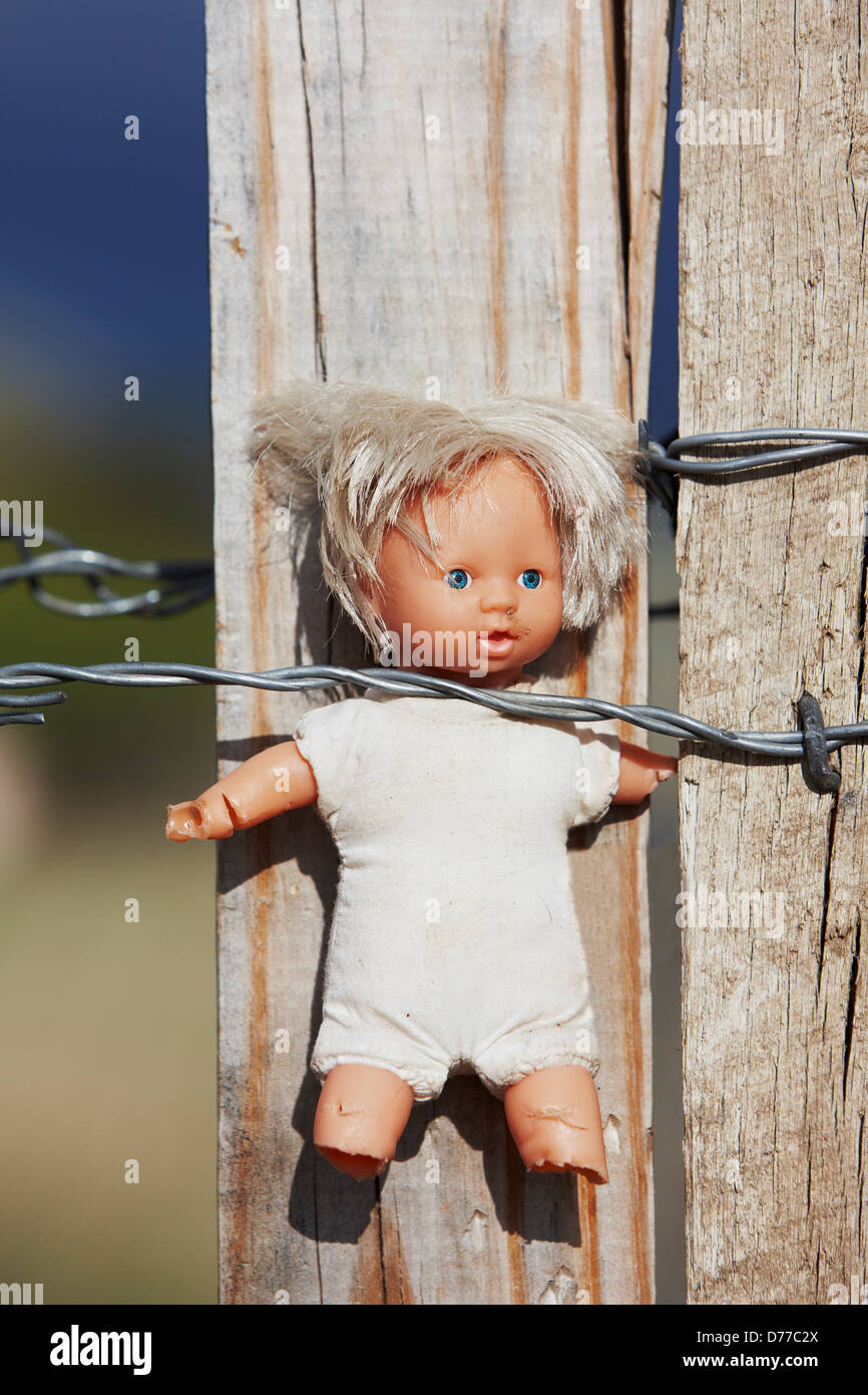 Teilweise zerstückelte Puppe hing am Stacheldrahtzaun Stockfoto