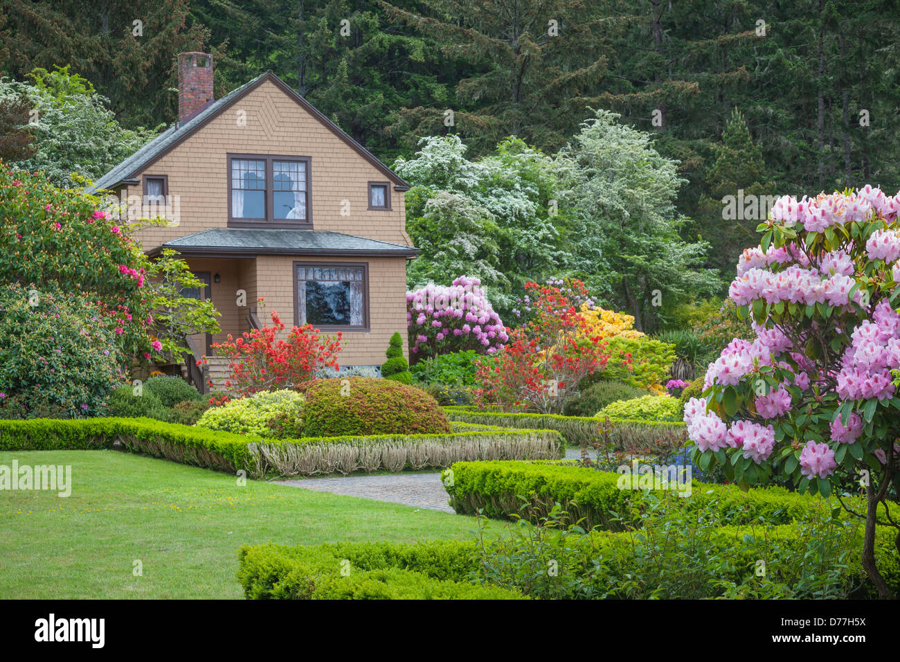 Shore Acres State Park, OR: The Simpson Estate Haus und Garten im Frühling mit Azaleen und Rhododendren in voller Blüte. Stockfoto