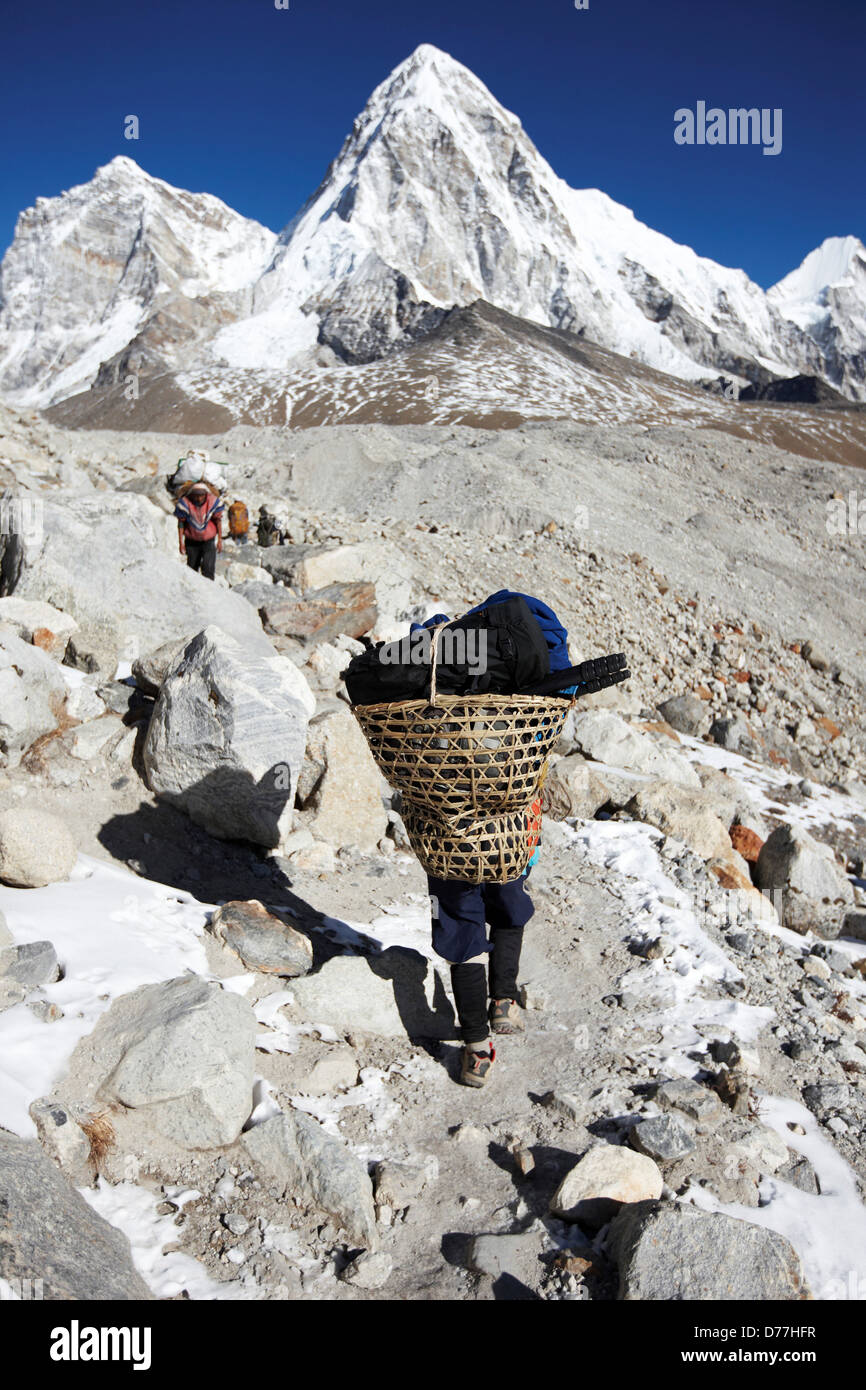Nepal Himalaya Mahalangur Region Solukhumbu Bezirk Sherpa Träger Pumori Berggipfel Stockfoto