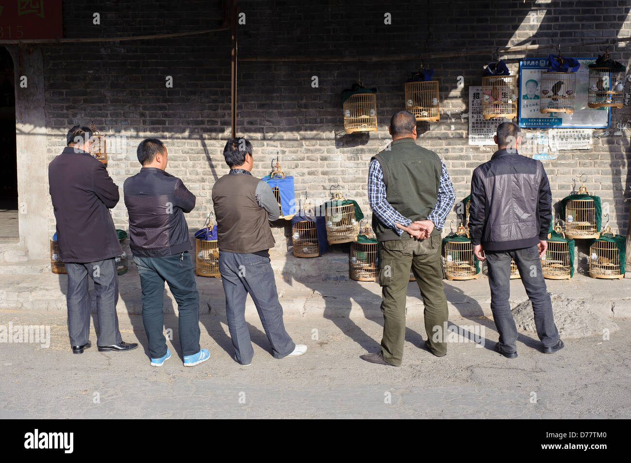 Eine Gruppe von Männern stehen, um ihre Vogelkäfige im zentralen chinesischen Stadt Kaifeng, Henan Provinz Stockfoto