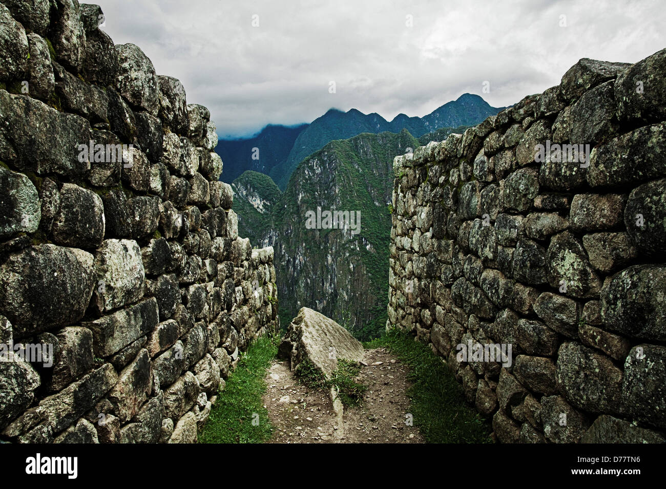 Zwischen Steinmauern in Machu Picchu Anden gelten in Himmel aufsteigt Stockfoto