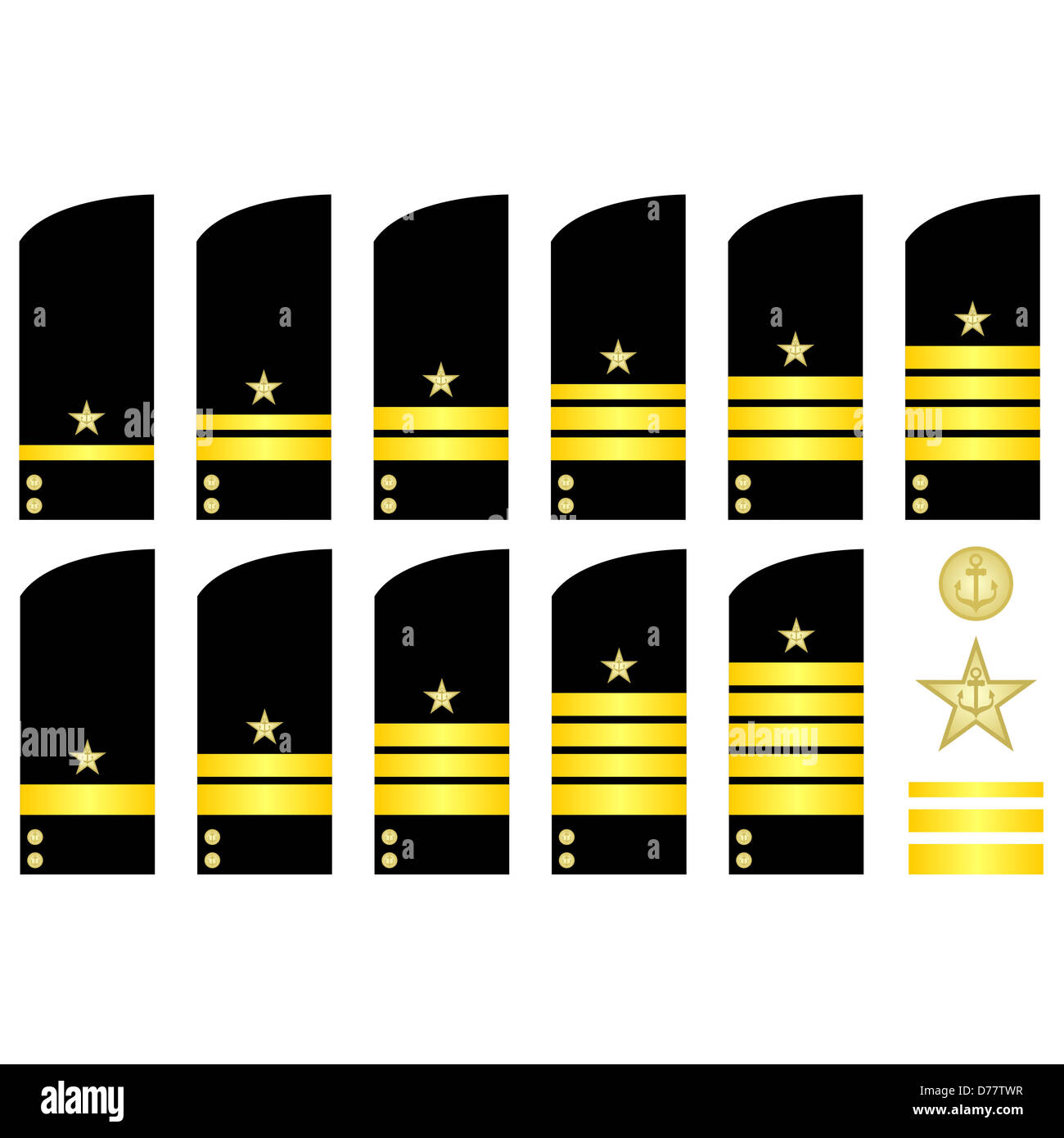 Militärische Ränge und Abzeichen der Welt. Die Abbildung auf einem weißen Hintergrund. Stockfoto
