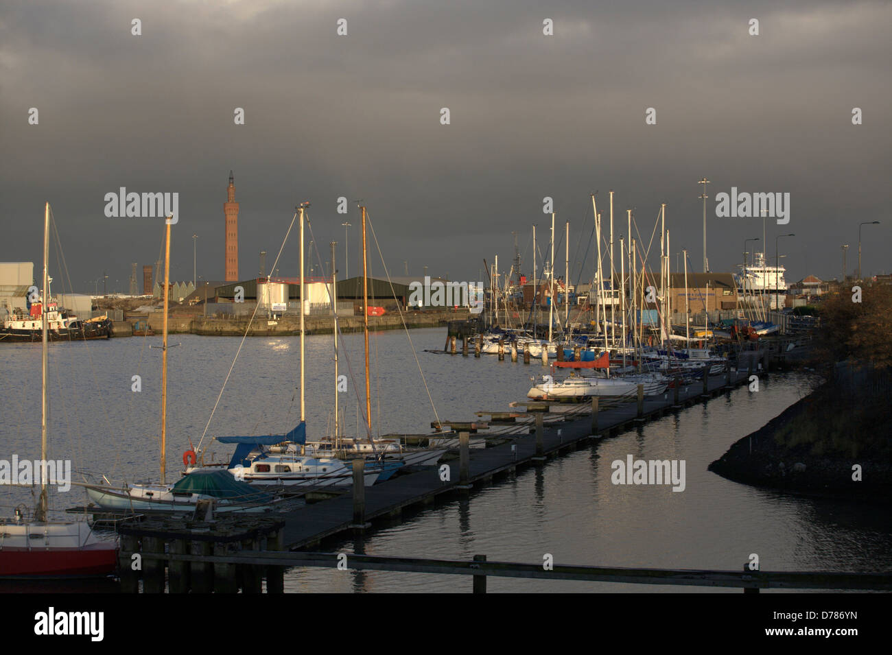 Grimsby Dock Tower ist ein Hydrospeicher-Turm und ein maritimes Wahrzeichen in Grimsby, North East Lincolnshire, England. Stockfoto