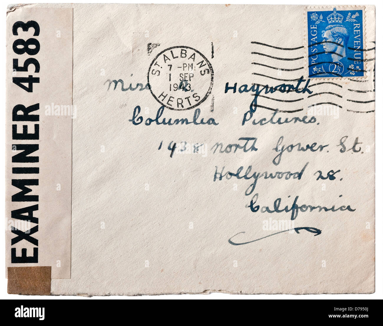1943 zensiert Fanbrief geschrieben mit der Schauspielerin Rita Hayworth in Hollywood, USA. Stockfoto