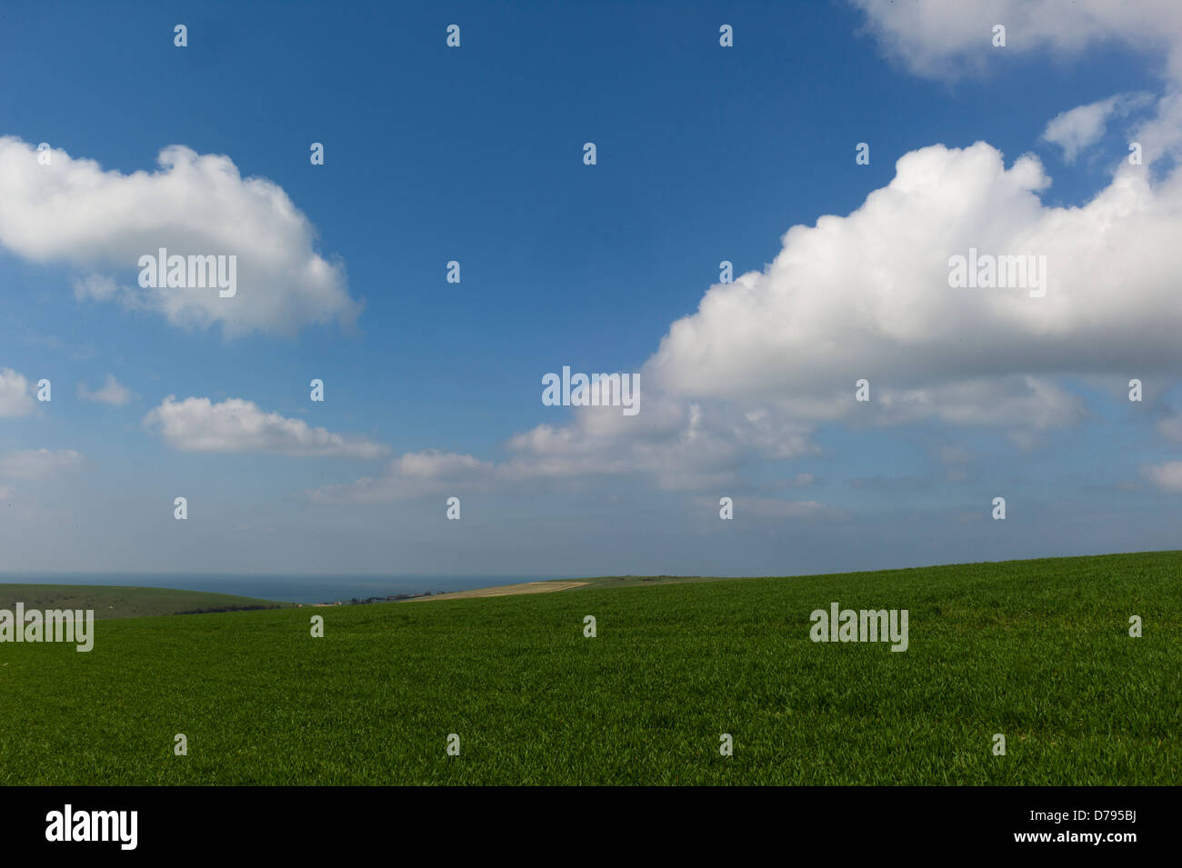 Wolken über grüne Felder, Blick auf das entfernte Meer Stockfoto