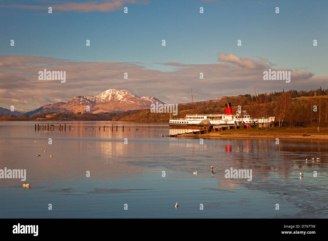 PS Mädchen des Loch in Balloch am Loch Lomond. Ben Lomond ist im Hintergrund. Stockfoto