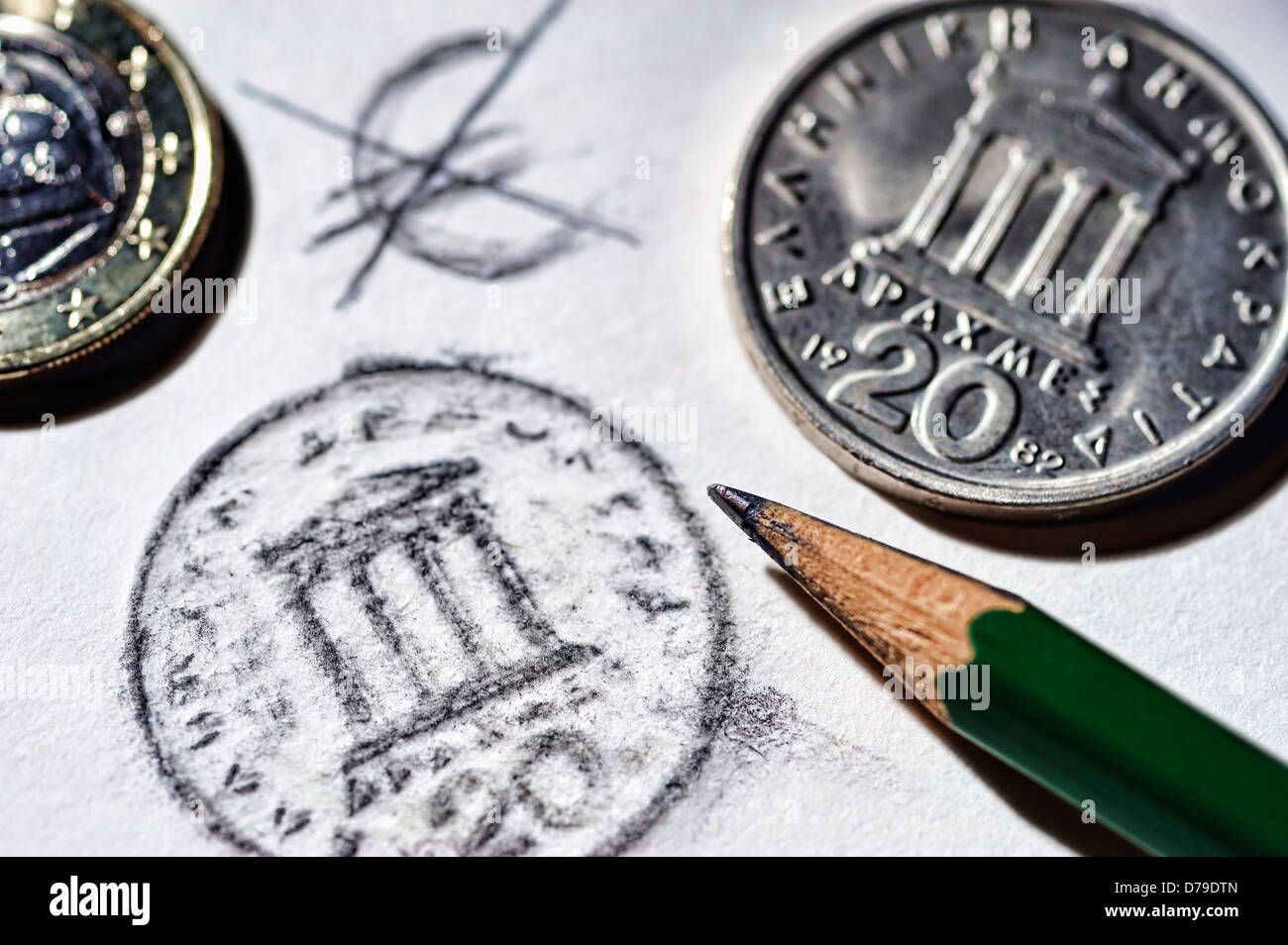 Griechische Drachme und durchgestrichenen Eurosign, Griechische Drachme Und Durchgestrichenes Eurozeichen Stockfoto