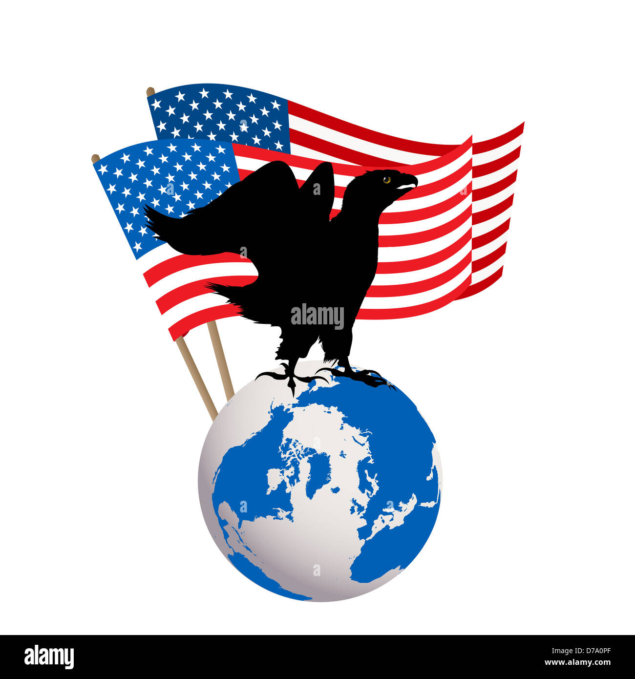 Sieg-Ikone der amerikanischen Adler mit USA-Flagge und Weltkugel Stockfoto