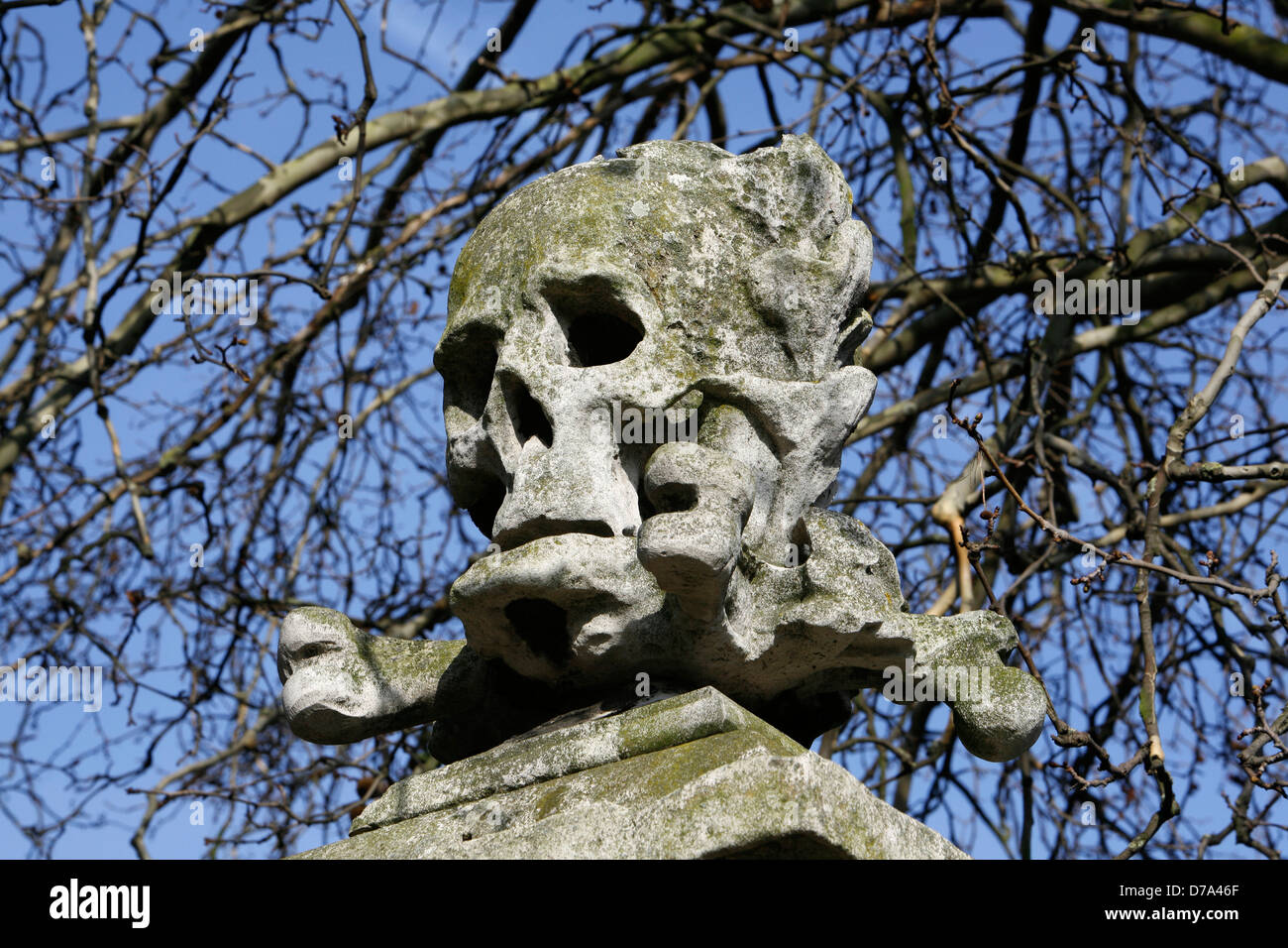 Schädel und gekreuzten Knochen Skulptur auf dem Pfosten nach St. Nikolaus Kirche, Deptford, London, UK Stockfoto