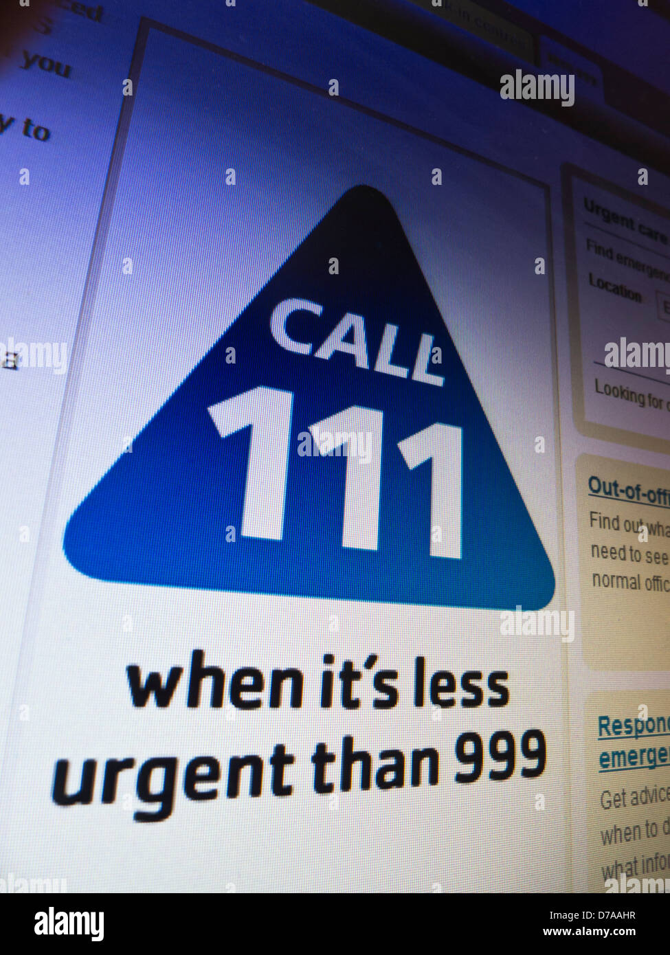 Schuss von Call 111 auf eine NHS-Website. Stockfoto