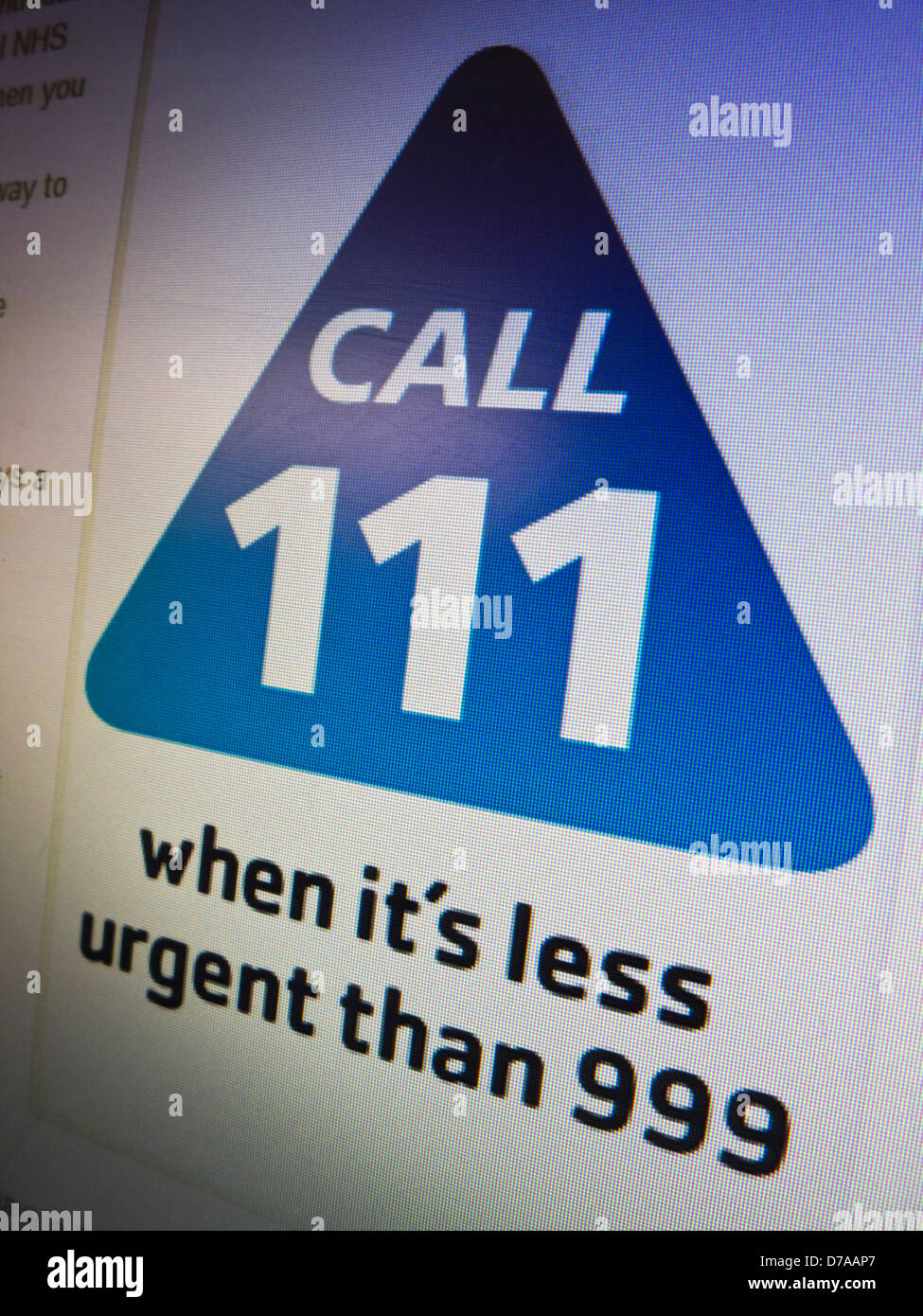 Schuss von Call 111 auf eine NHS-Website. Stockfoto