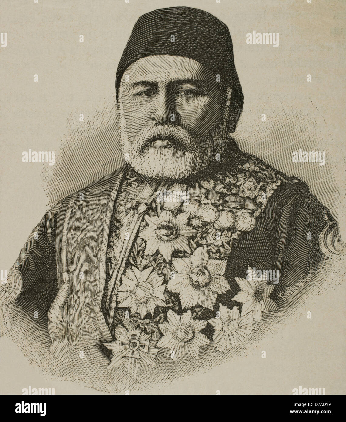 Hussein Awni Pascha (1819 1876). War ein türkischer General und Staatsmann. Kupferstich von Klose. "Nuestro Siglo", 1883. Stockfoto