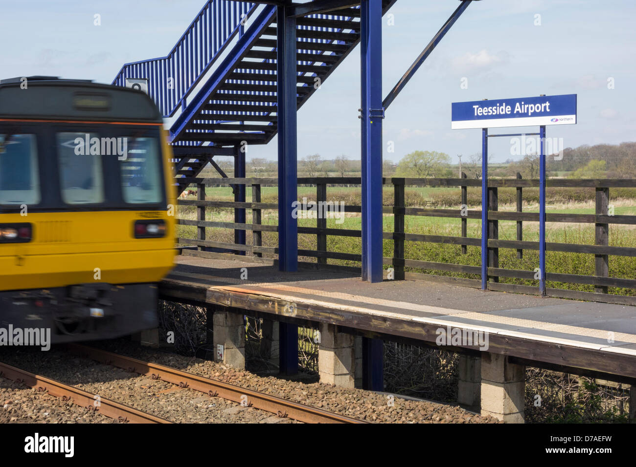 Teesside Flughafen-Bahnhof in der Nähe von Darlington, County Durham, Großbritannien Stockfoto