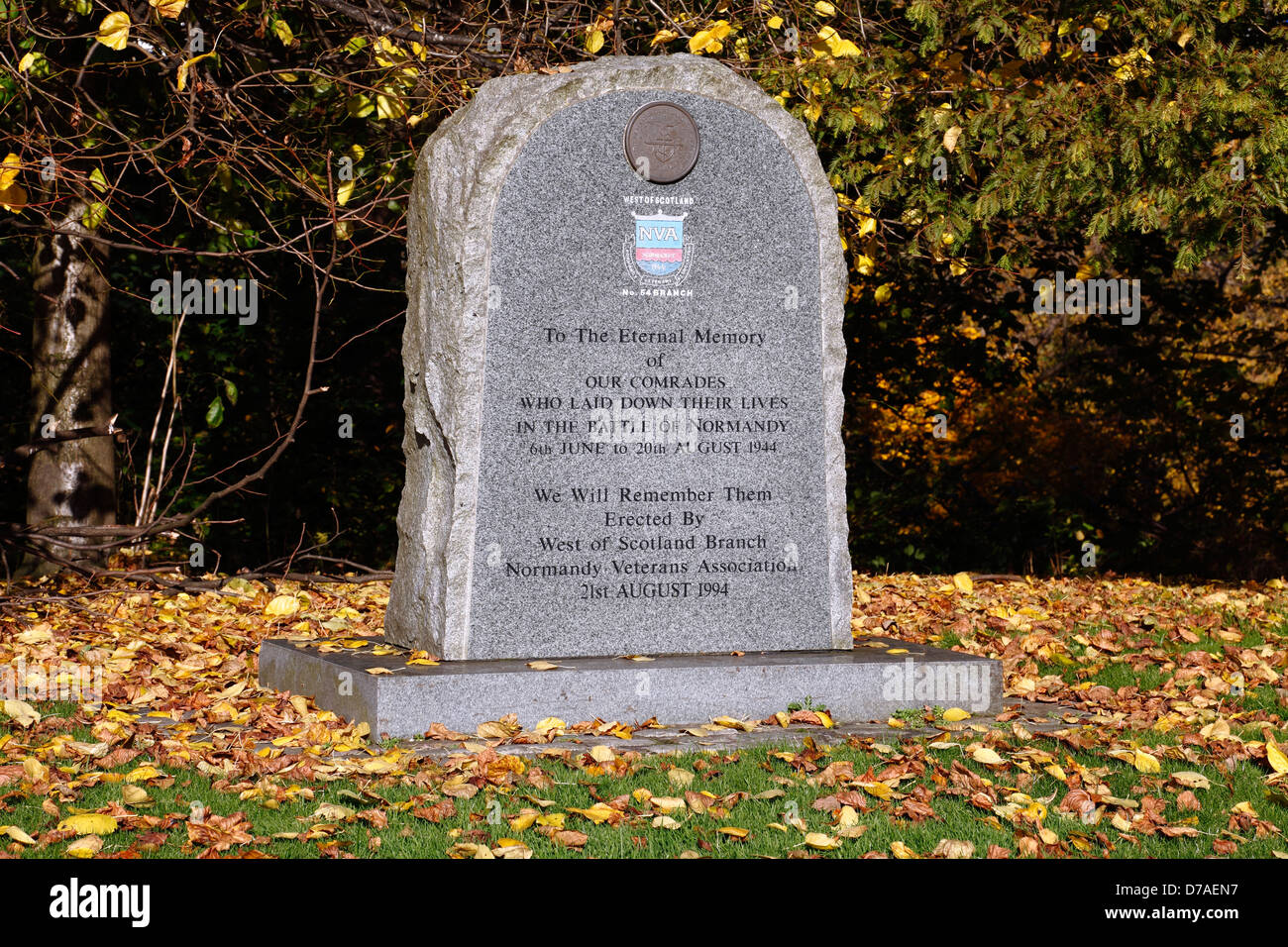 Denkmal für die Normandie-Veteranen, die ihr Leben im 2. Weltkrieg, Kelvingrove Park, Glasgow, Scotland, UK Stockfoto