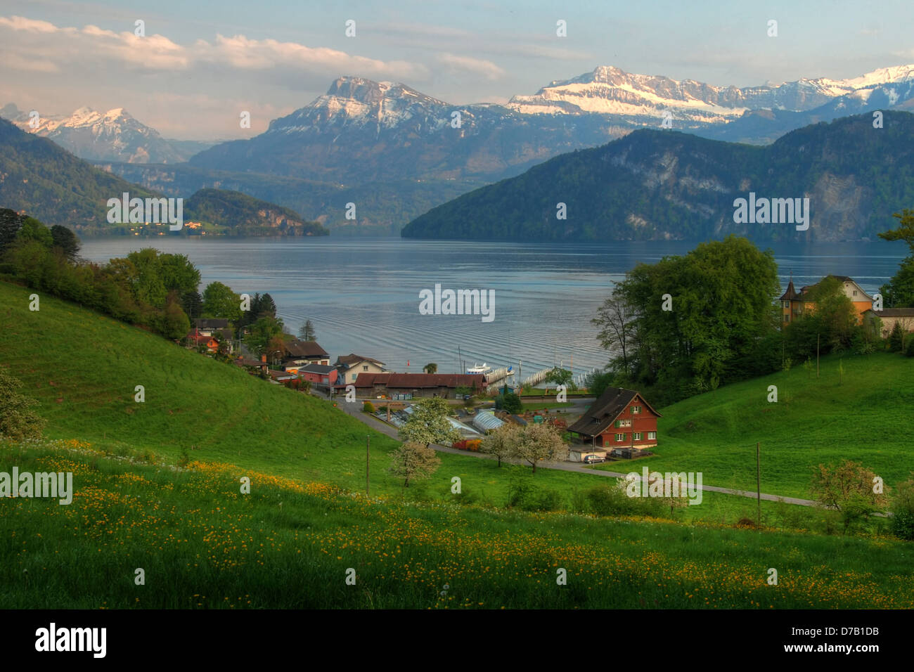Vierwaldstättersee, mit Schweizer Alpen hinter Stockfoto