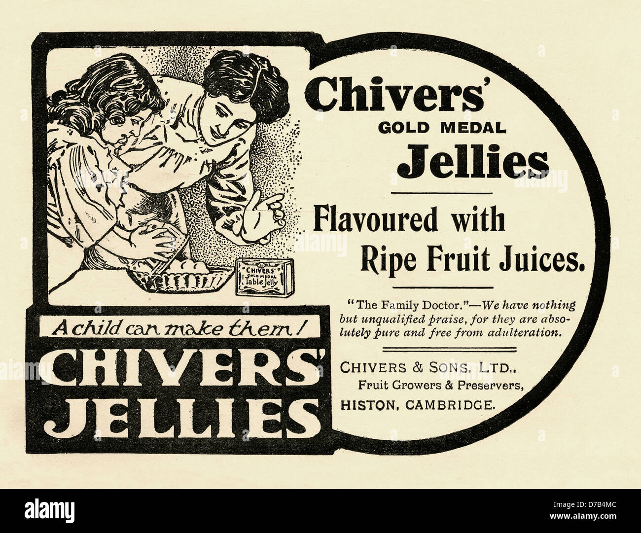1910 Anzeige für Chiver des Gelees. Die Abbildung zeigt eine Mädchen, das eine Form entfernt, eine Frucht-Gelee zu offenbaren Stockfoto