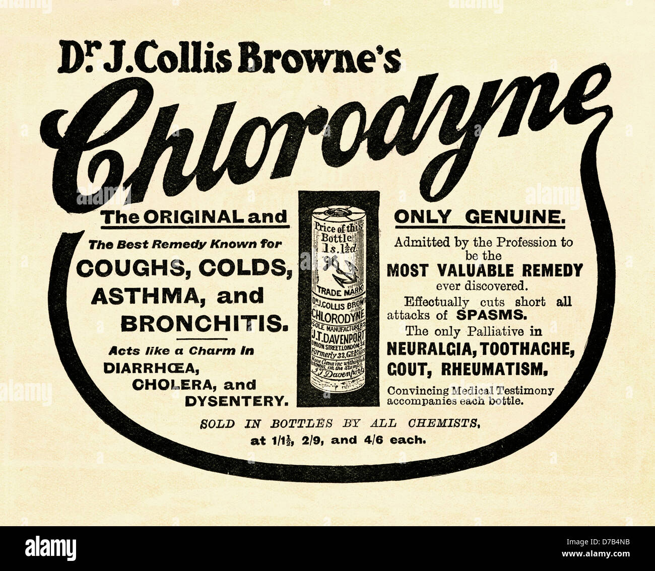 Anzeige für Arzt Collis Browne Chlorodyne - eine Erkältung, Asthma und Bronchitis heilen oder Heilmittel. Die Anzeige erschien in einem 1910 Stockfoto