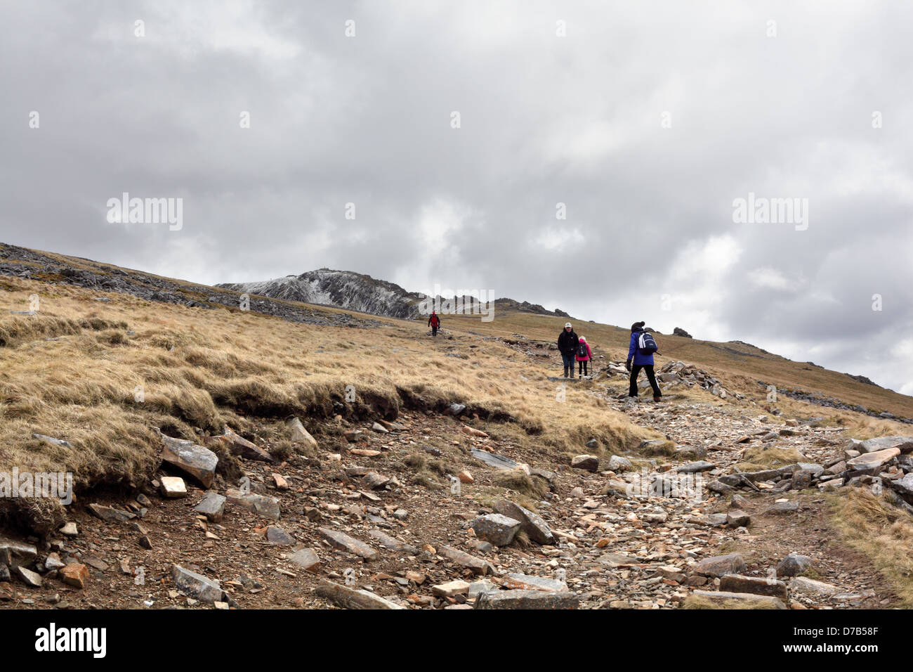 Wanderer, die aufsteigend auf dem Pony Weg auf dem walisischen Berg Cadair Idris in Snowdonia-Nationalpark, Gwynedd, Wales, April 2013 Stockfoto