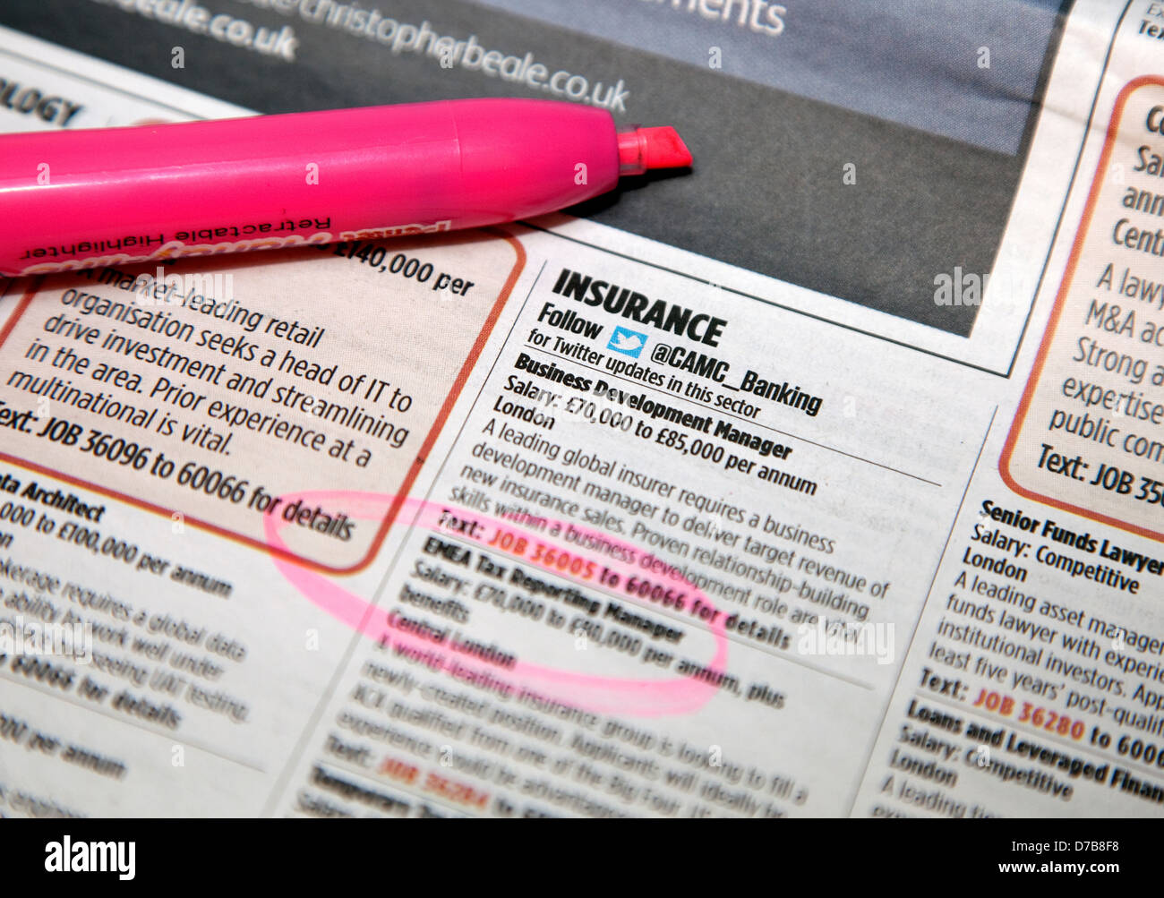 Zeitungsanzeigen für Jobs im Bereich Versicherung, London Stockfoto
