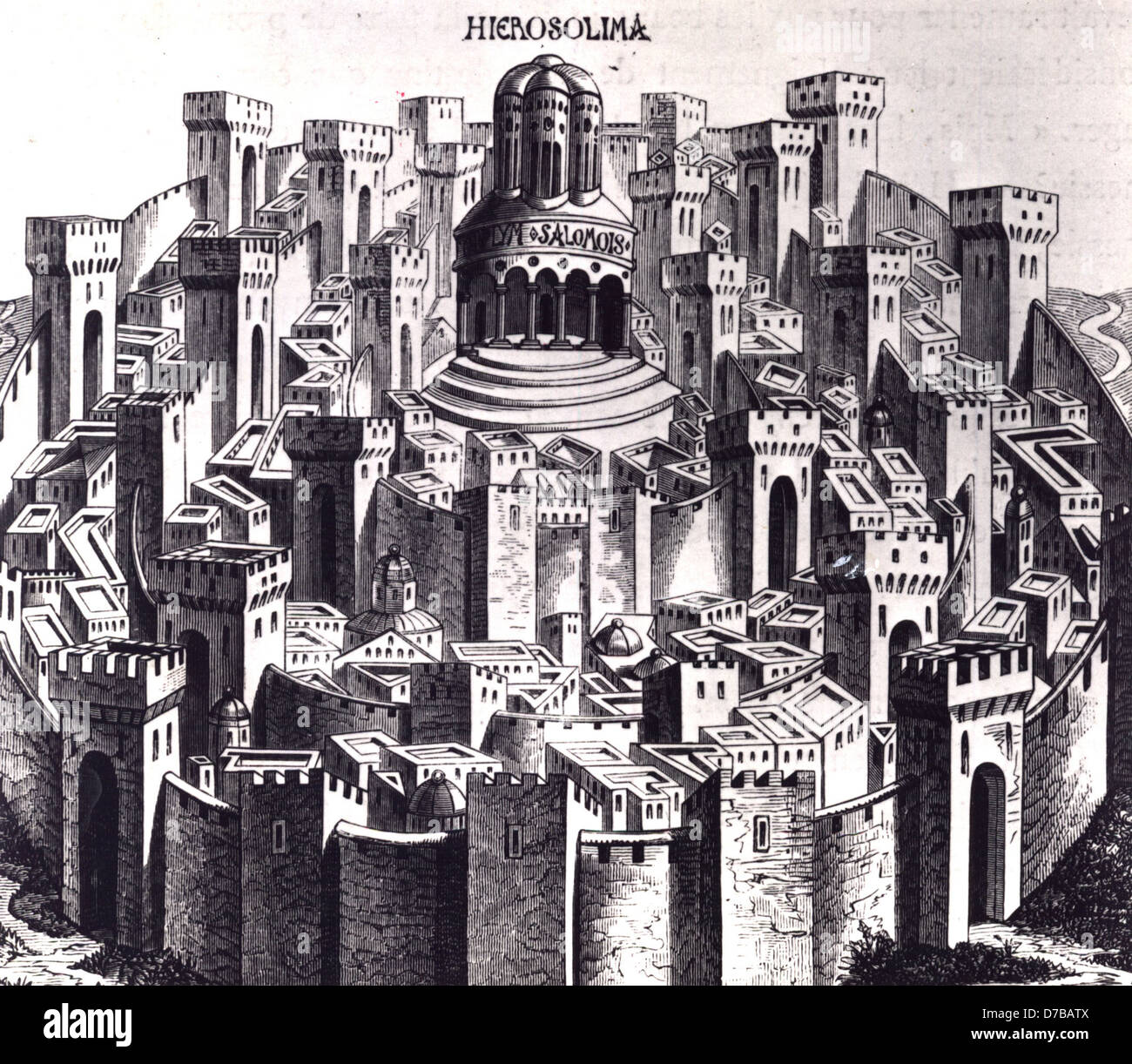 Faksimile von einem Holzstich von Jerusalem, Made by Hartman Schedel in Nürnberg, am 1493 Stockfoto