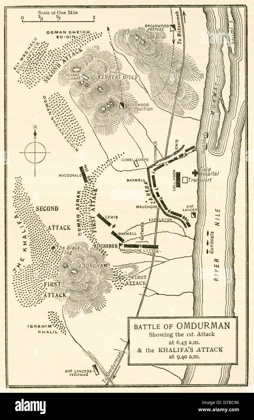 Karte von der Schlacht von Omdurman, Khartoum, Sudan, 1898, zeigt der 1. Angriff am 06:45 und der Khalifa Angriff um 09:40 Stockfoto
